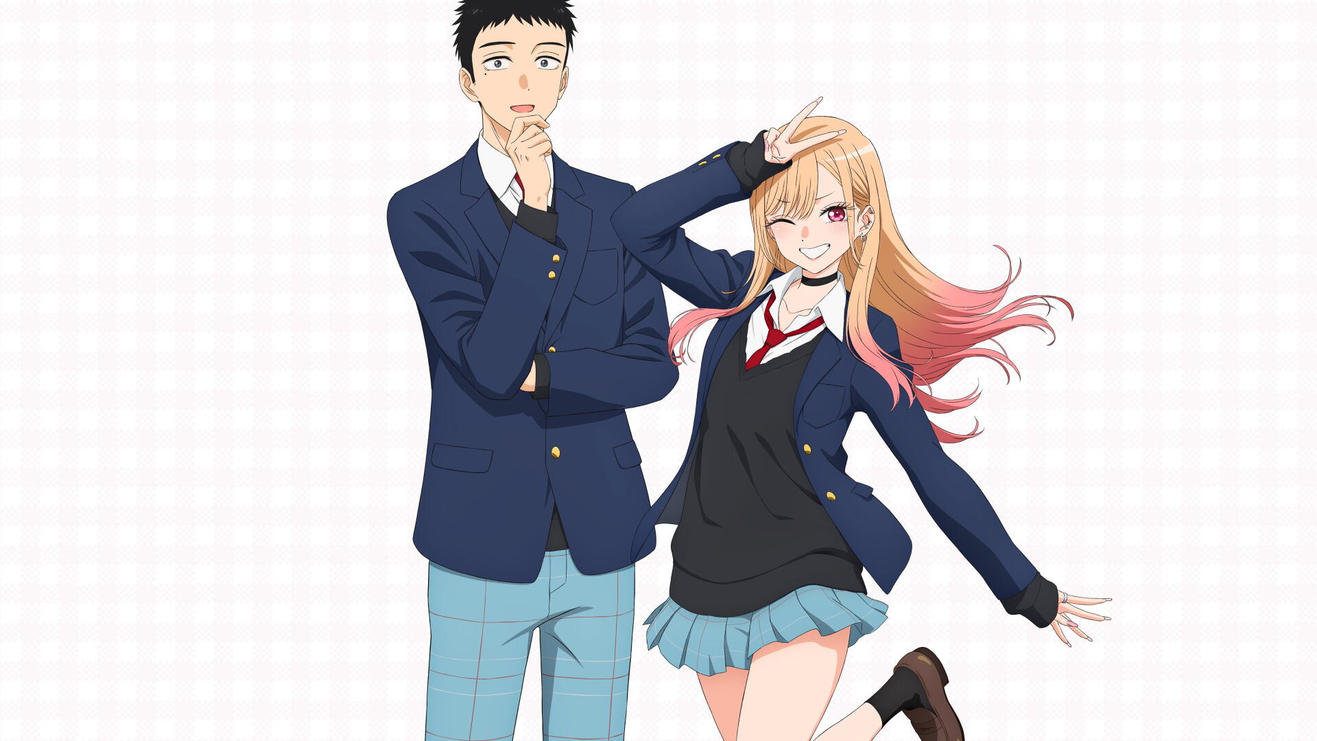 My Dress-Up Darling anime 4K Ultra HD PC desktop wallpaper: a navy-blazer boy and a blonde-pink–haired schoolgirl pose cheerfully against a clean white background.