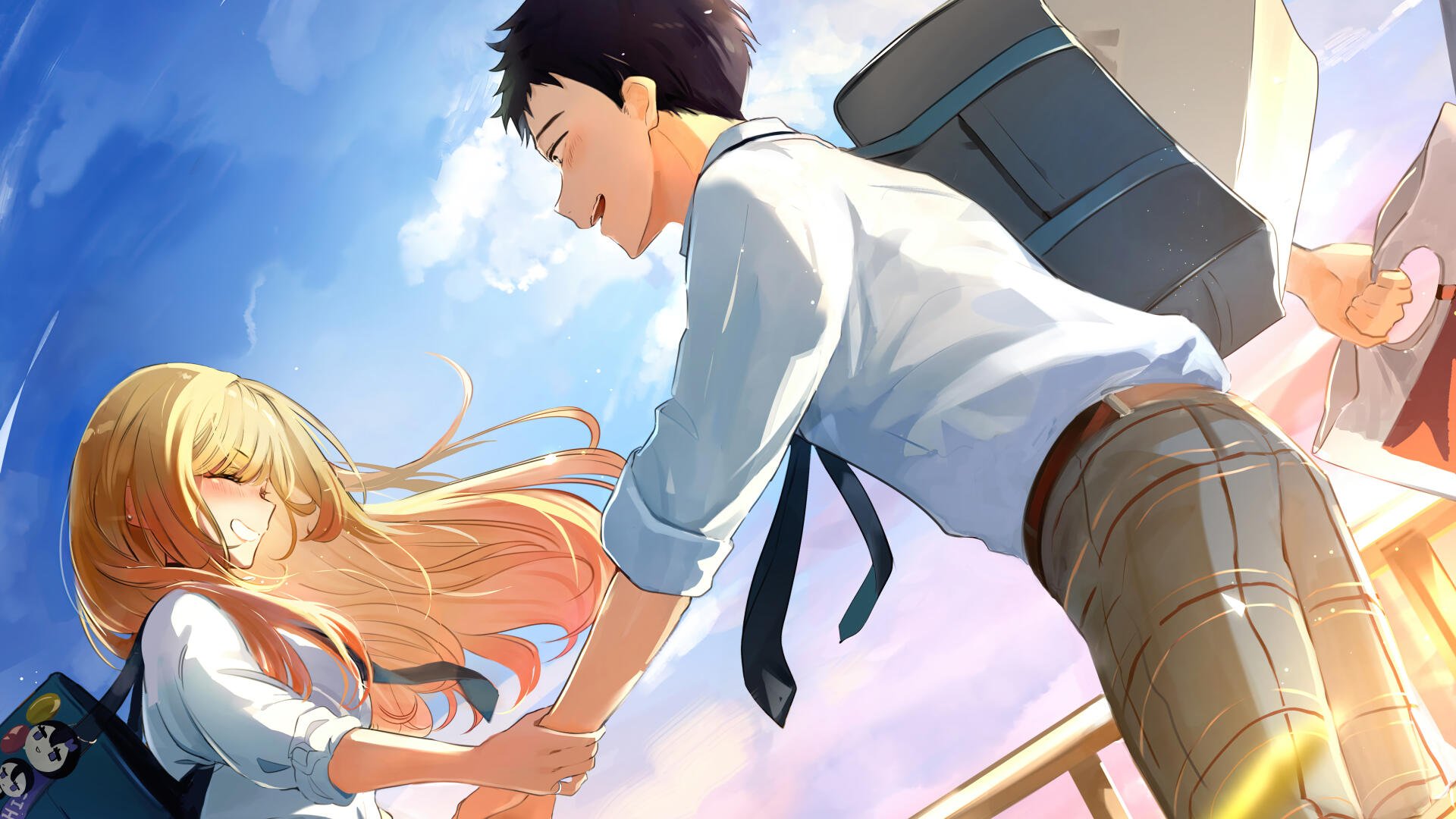 My Dress-Up Darling anime 4K Ultra HD PC desktop background: smiling couple holding hands on a sunlit balcony, her hair flowing in the breeze against a bright blue sky.