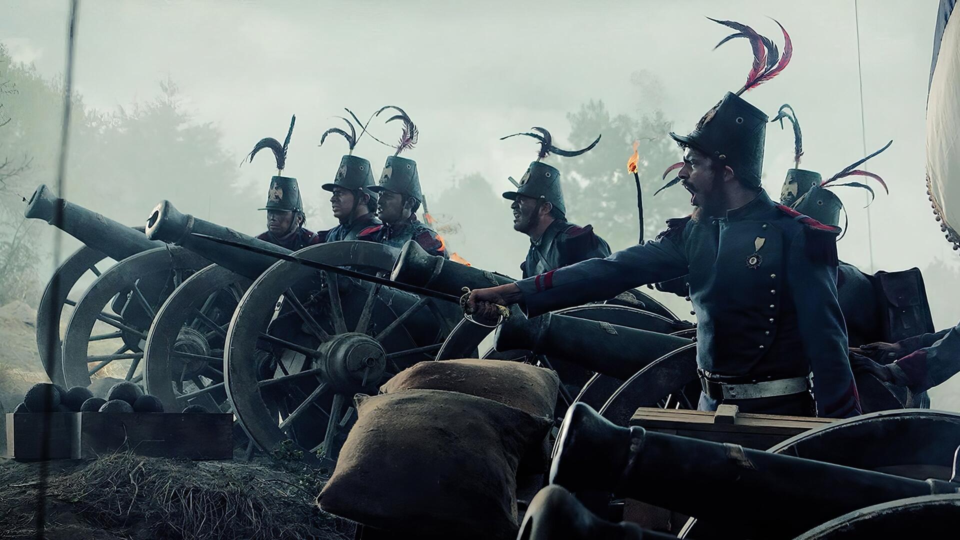 Cinco de Mayo: The Battle — 4K Ultra HD PC wallpaper of uniformed soldiers manning cannons on a smoky battlefield, feathered helmets and torches at dawn.
