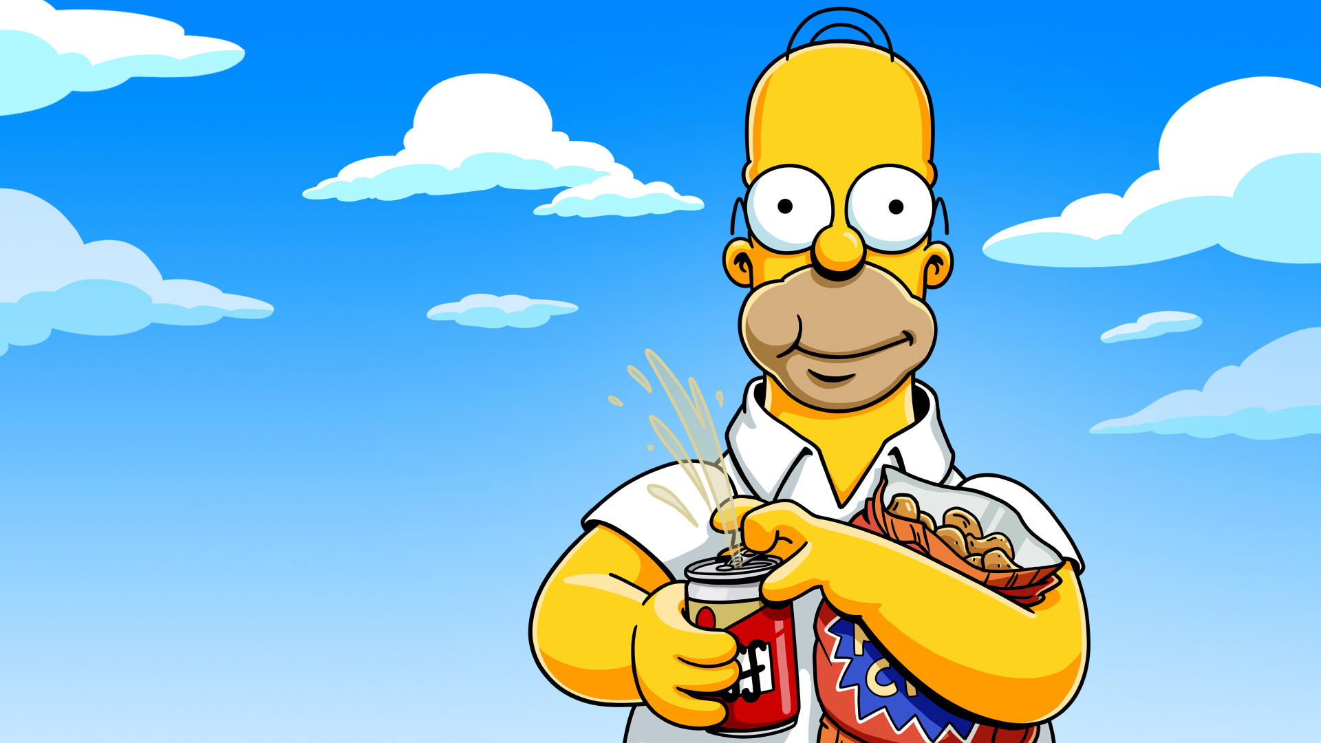 Homer Simpson from The Simpsons grins, holding a beer and snacks against a bright blue sky — 4K Ultra HD PC desktop wallpaper background.