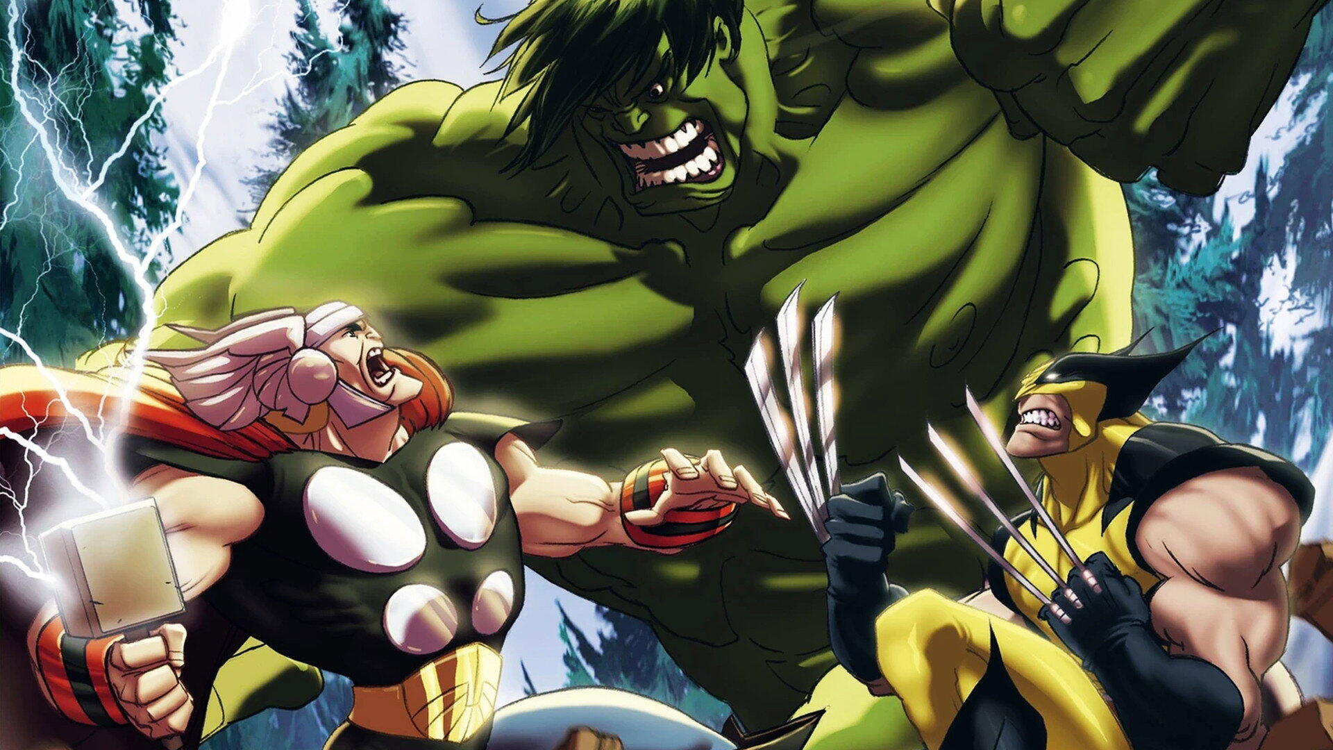 HD PC desktop wallpaper: Hulk vs Thor and Wolverine in a comic-style forest brawl, lightning flashing as they snarl and clash.