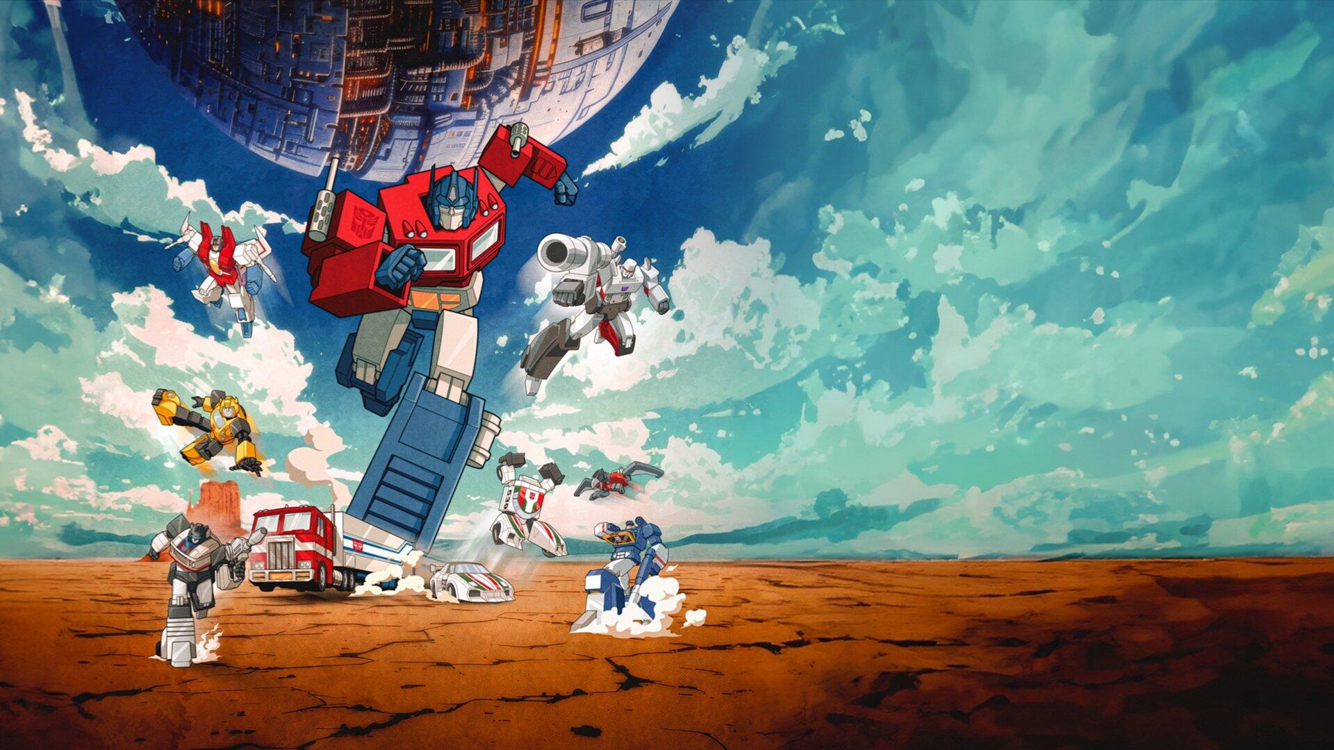 HD PC desktop wallpaper/background from Transformers: The Movie — Optimus Prime leads Autobots on a cracked red plain beneath a looming, damaged Cybertron sphere and a bright blue sky.