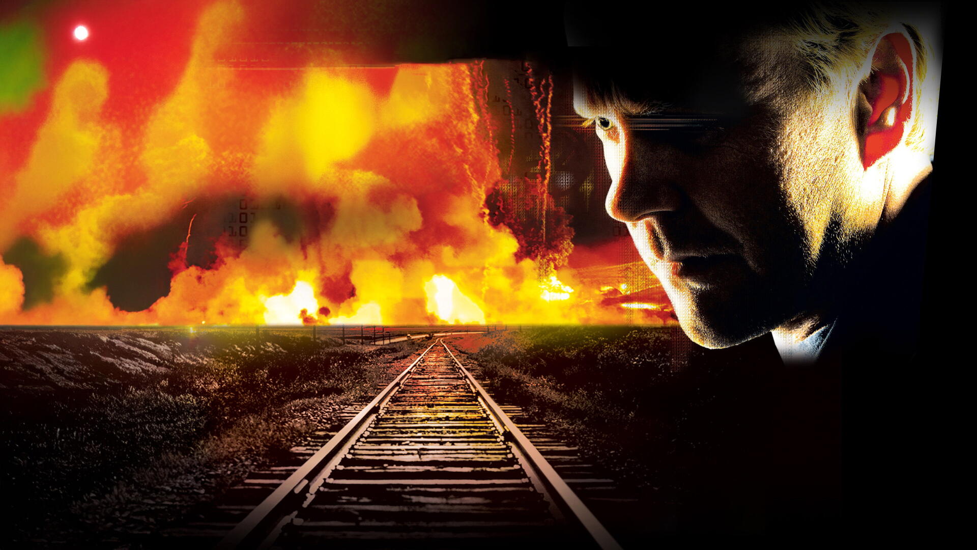 24 | 4K Ultra HD PC desktop wallpaper: train tracks recede toward a fiery explosion on the horizon, with a shadowed male profile filling the right edge of the frame.
