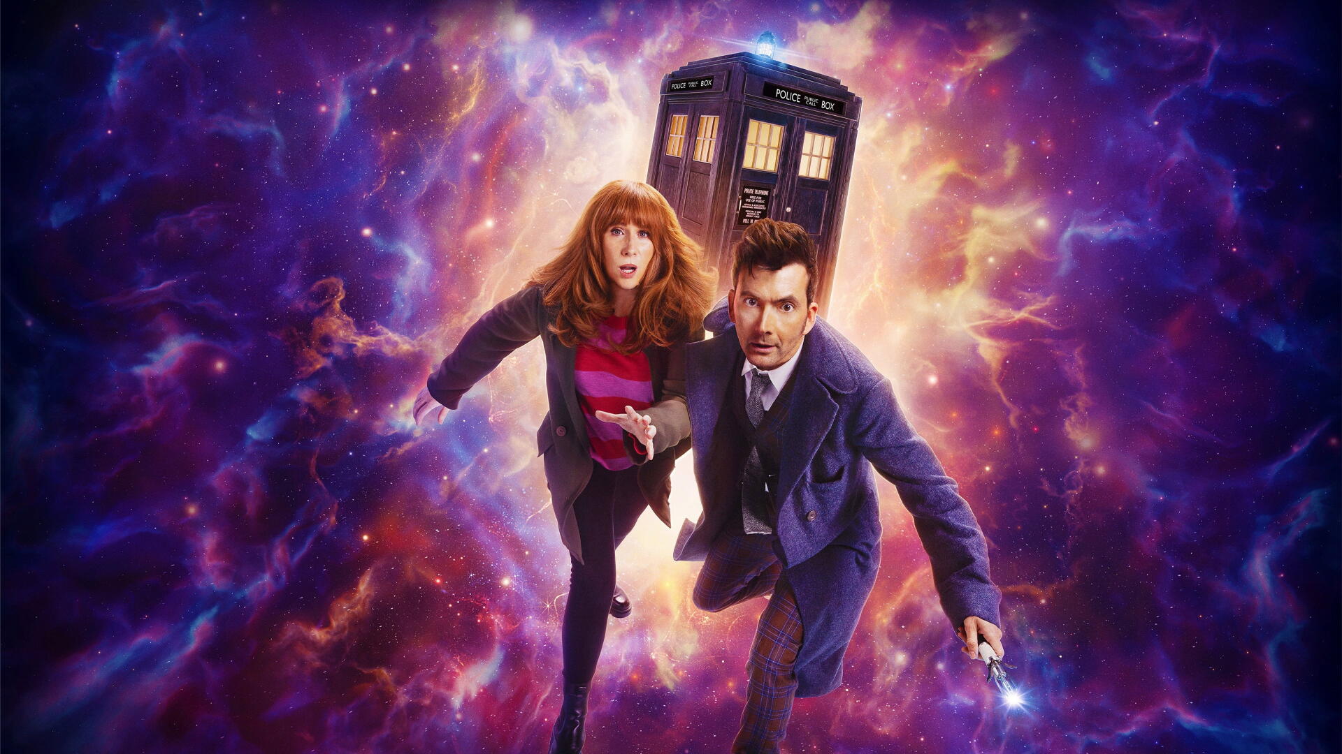 Doctor Who (2005) 4K Ultra HD PC desktop wallpaper: the TARDIS with the Doctor and a companion falling through a vivid purple, star-streaked cosmic vortex.