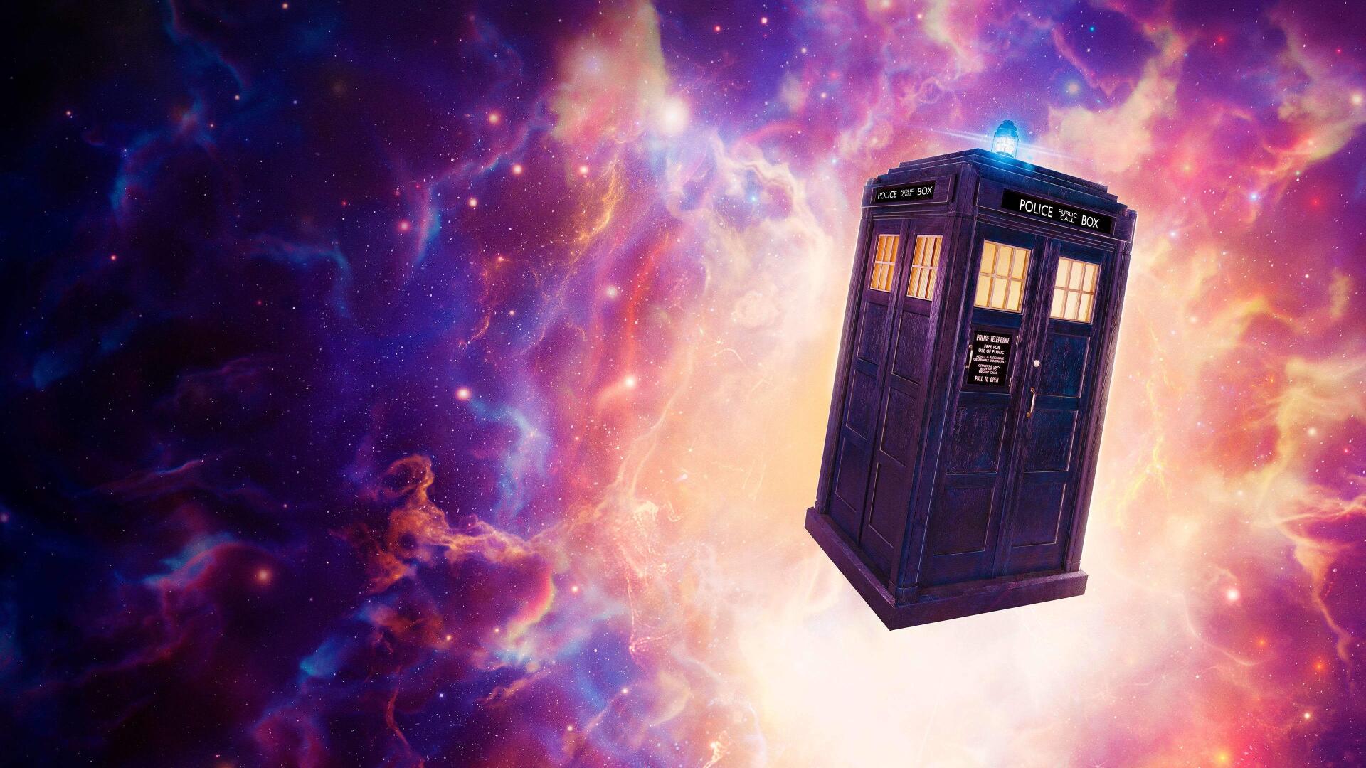 Doctor Who (2023) 4K Ultra HD PC desktop wallpaper: the TARDIS hovering through a glowing purple, pink and orange nebula.
