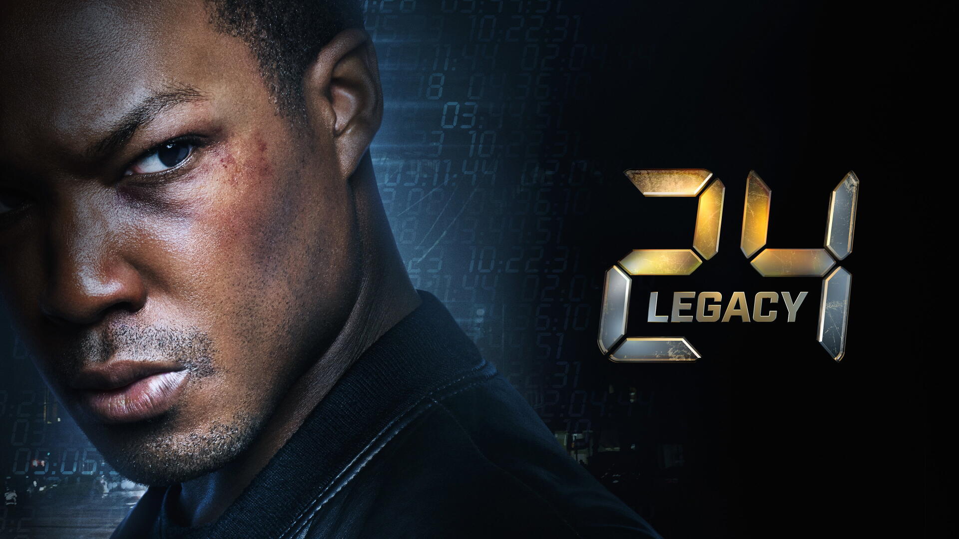 4K Ultra HD PC desktop wallpaper for 24: Legacy — close-up of a determined male lead with a bruised cheek against a dark textured background and metallic 24: Legacy logo.