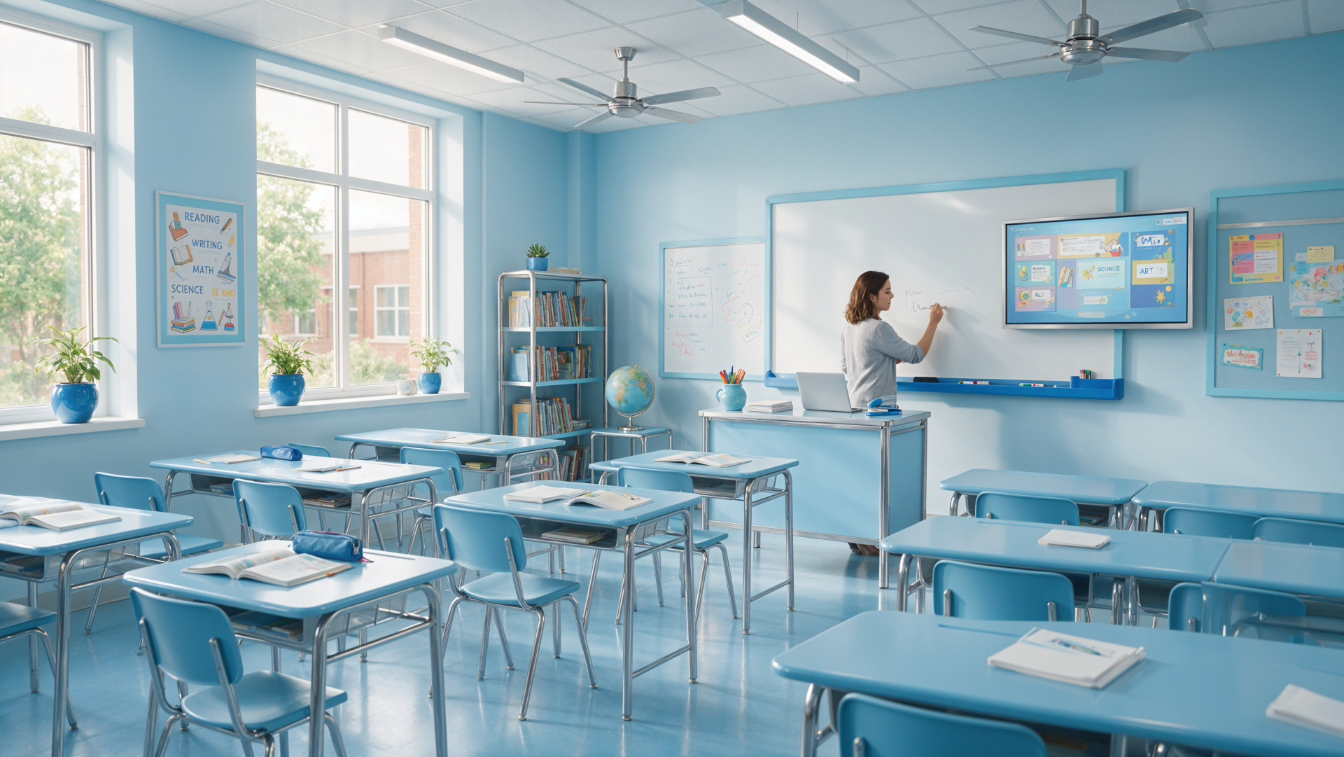 4K Ultra HD PC desktop wallpaper: bright school classroom with rows of blue desks and a teacher writing on a whiteboard by sunlit windows.