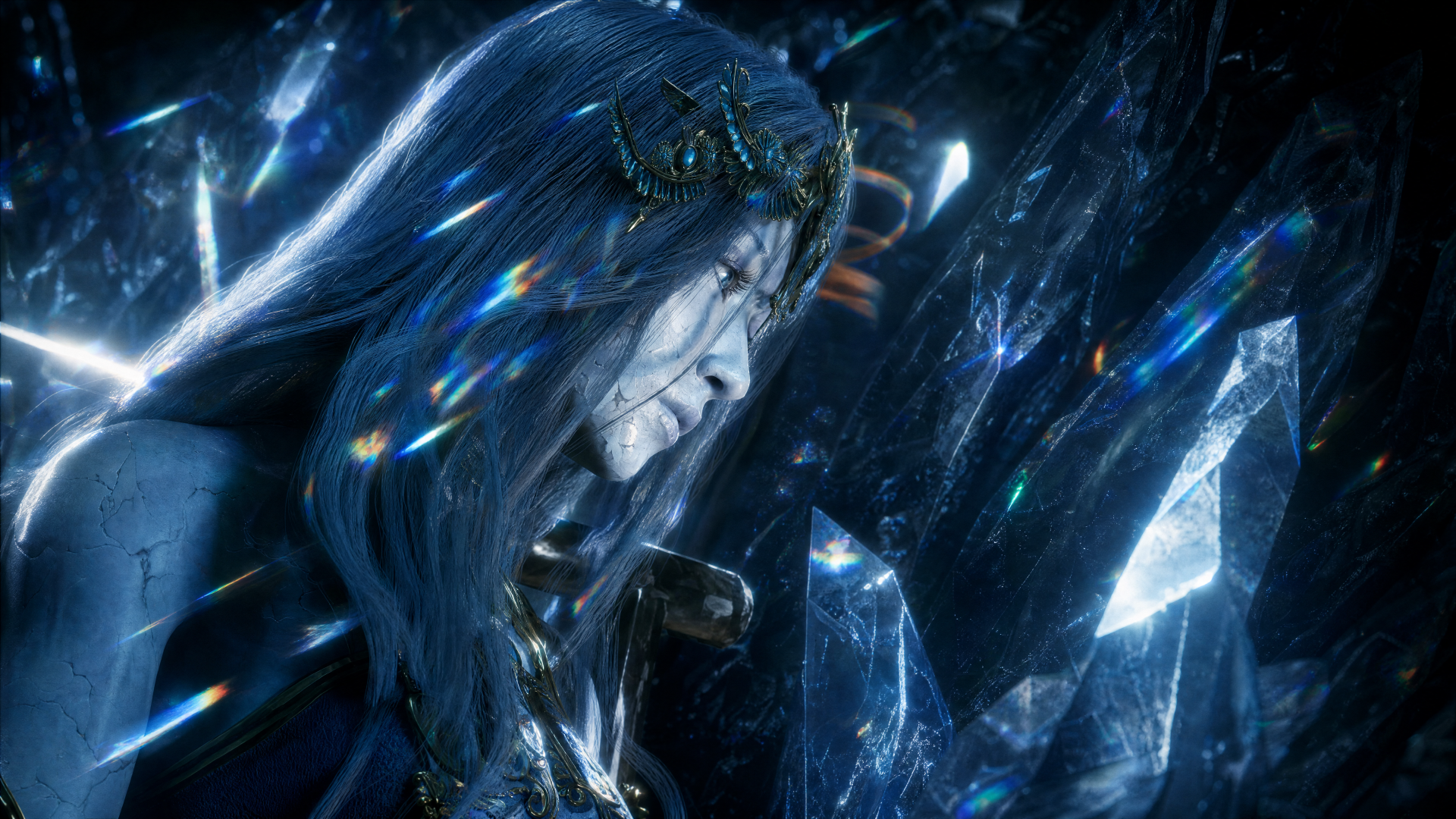 Phantom Blade Zero anime portrait: pale, long-haired warrior with crown-like ornament amid glowing crystal shards — 4K Ultra HD PC desktop wallpaper