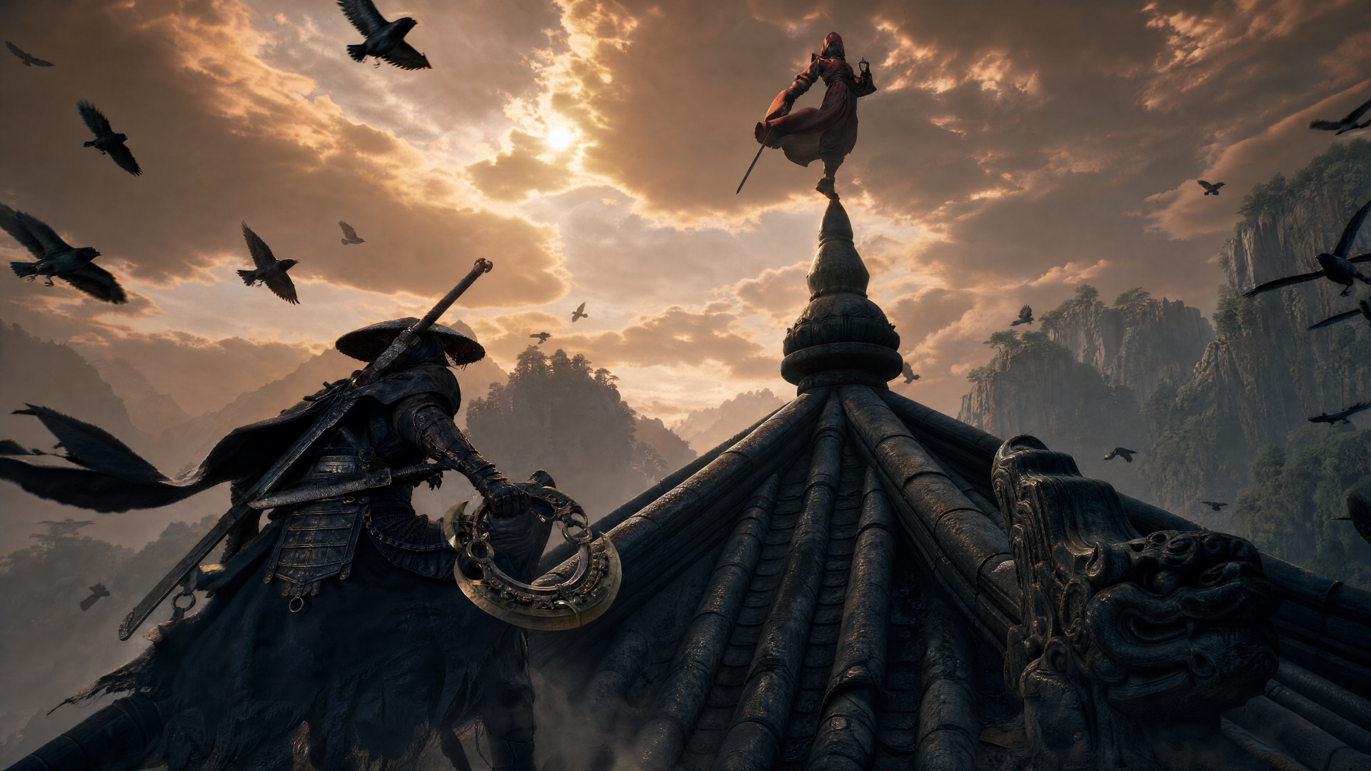 Phantom Blade Zero 4K Ultra HD PC desktop wallpaper and background: two warriors on a tiled roof at sunset, one standing on the spire as birds circle beneath dramatic clouds.