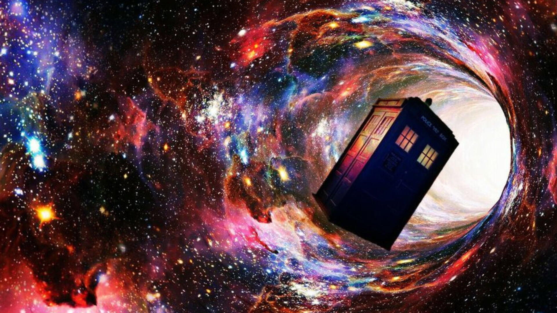 Doctor Who (2005) 4K Ultra HD PC desktop wallpaper: the blue TARDIS spiraling through a vivid, multicolored cosmic vortex of stars.