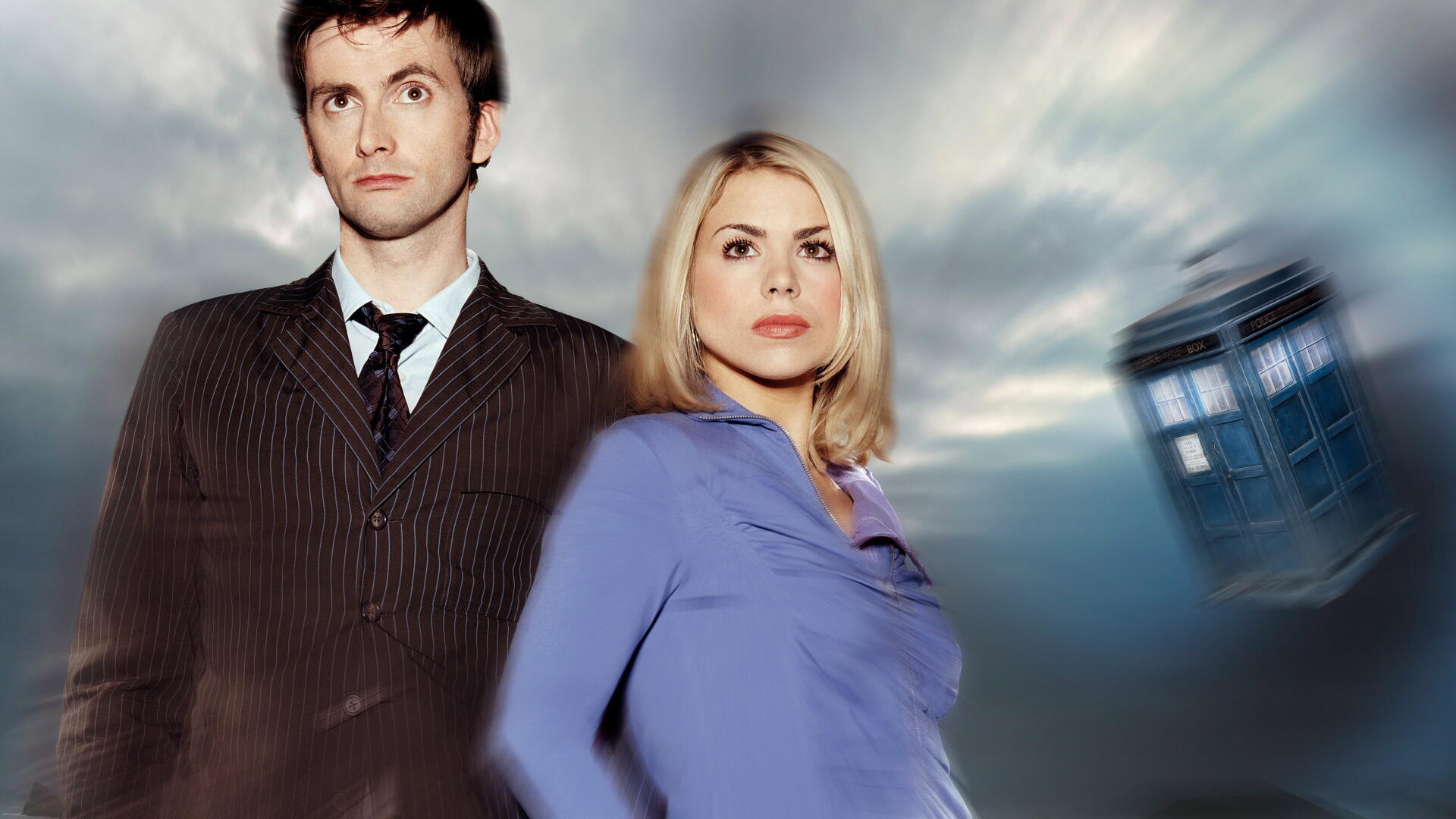 Doctor Who (2005) 4K Ultra HD PC wallpaper: the Doctor and companion stand against a stormy sky as the TARDIS blurs past, dramatic lighting and motion blur.