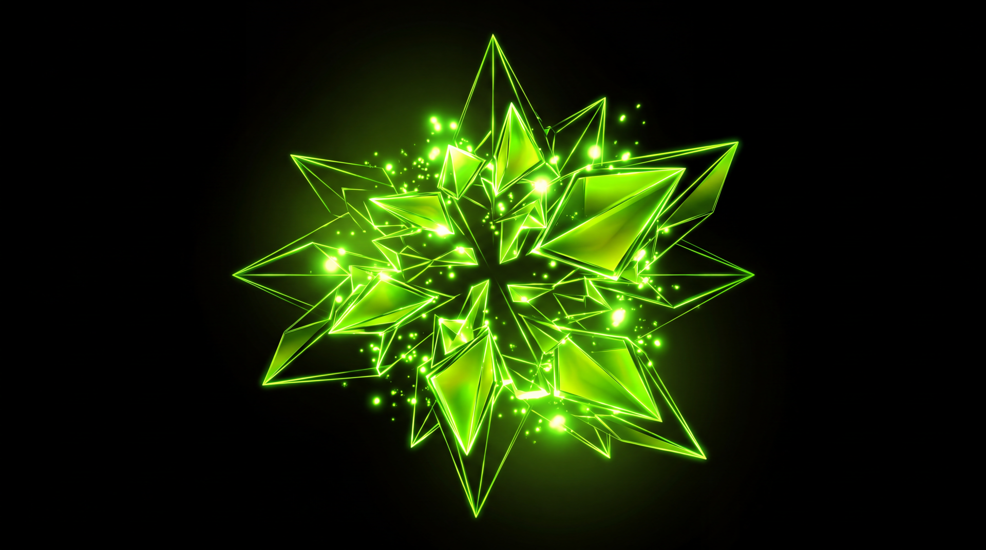 Amoled abstract geometric star formed from glowing green crystal shards, sparkling and faceted on a deep black background; 5K Ultra HD PC desktop wallpaper.