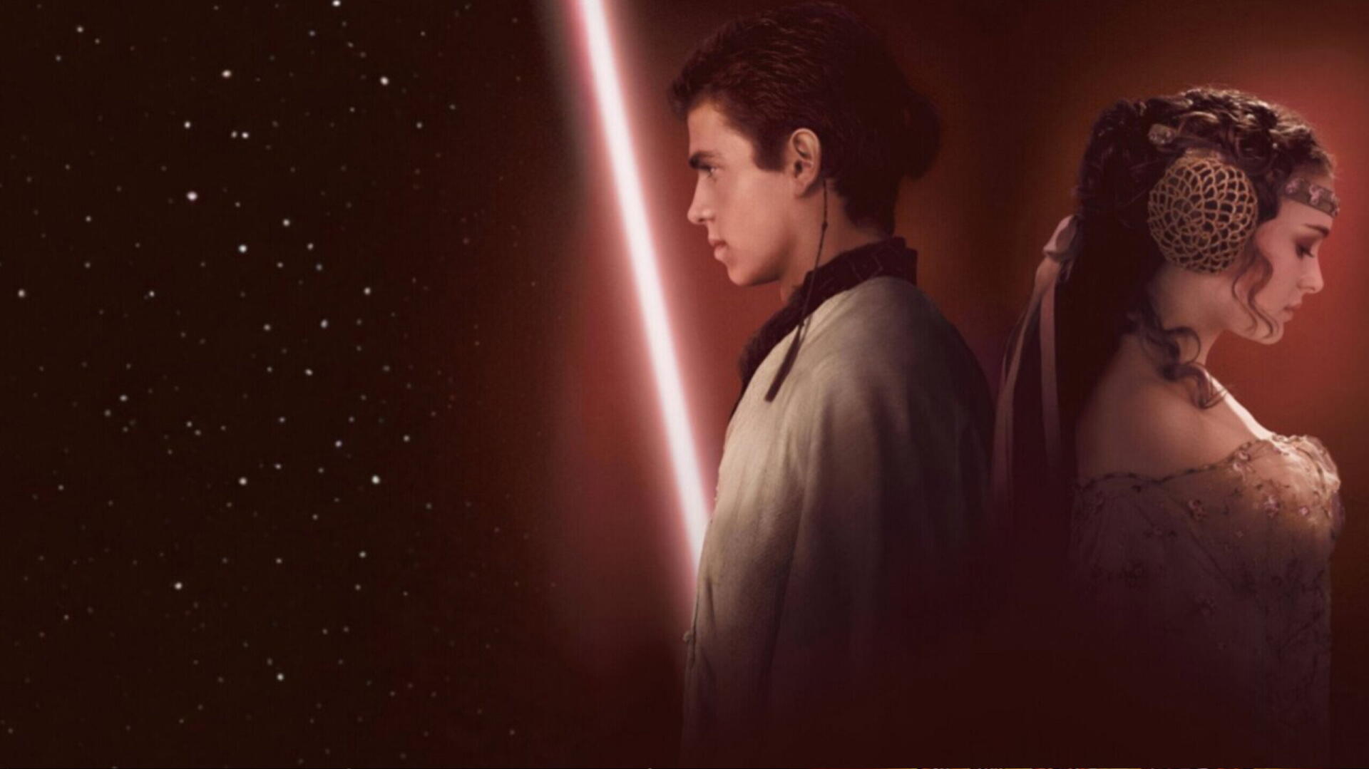 Star Wars Episode II: Attack of the Clones HD PC desktop wallpaper: two figures back-to-back with a glowing lightsaber between them and a starfield background.