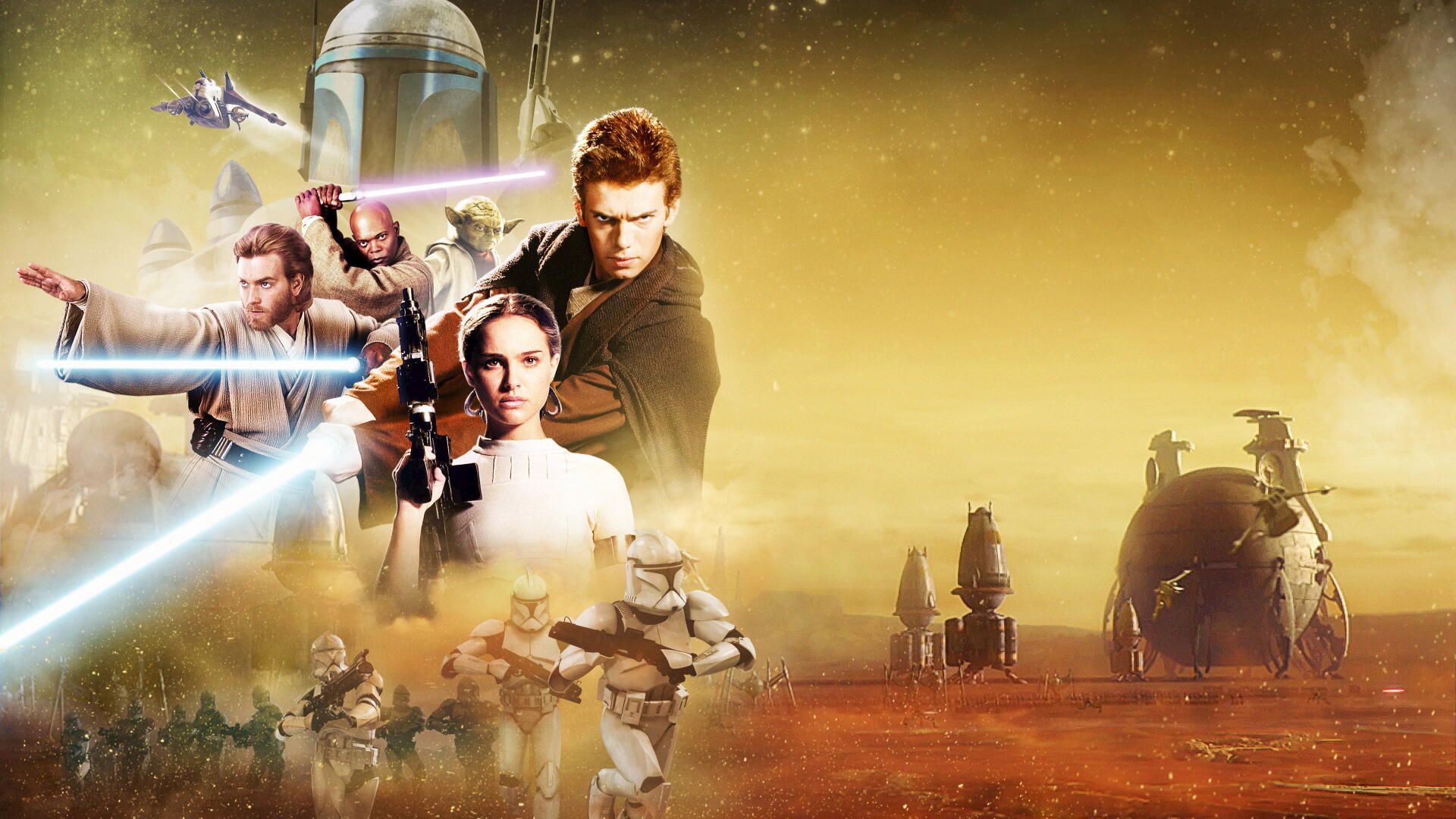 Star Wars Episode II: Attack of the Clones 4K Ultra HD PC desktop wallpaper featuring Anakin, Padmé and Obi‑Wan with clone troopers and starfighters over a desert battlefield.