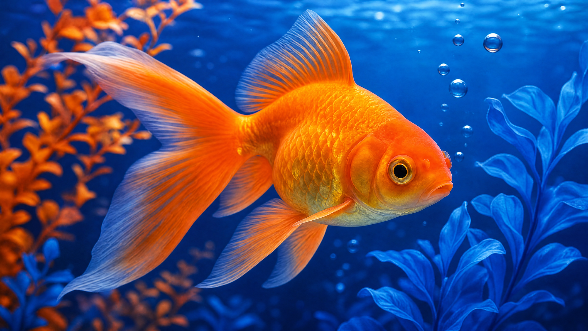 Vibrant orange goldfish (fish) in a blue aquatic scene, detailed 4K Ultra HD PC desktop wallpaper background.