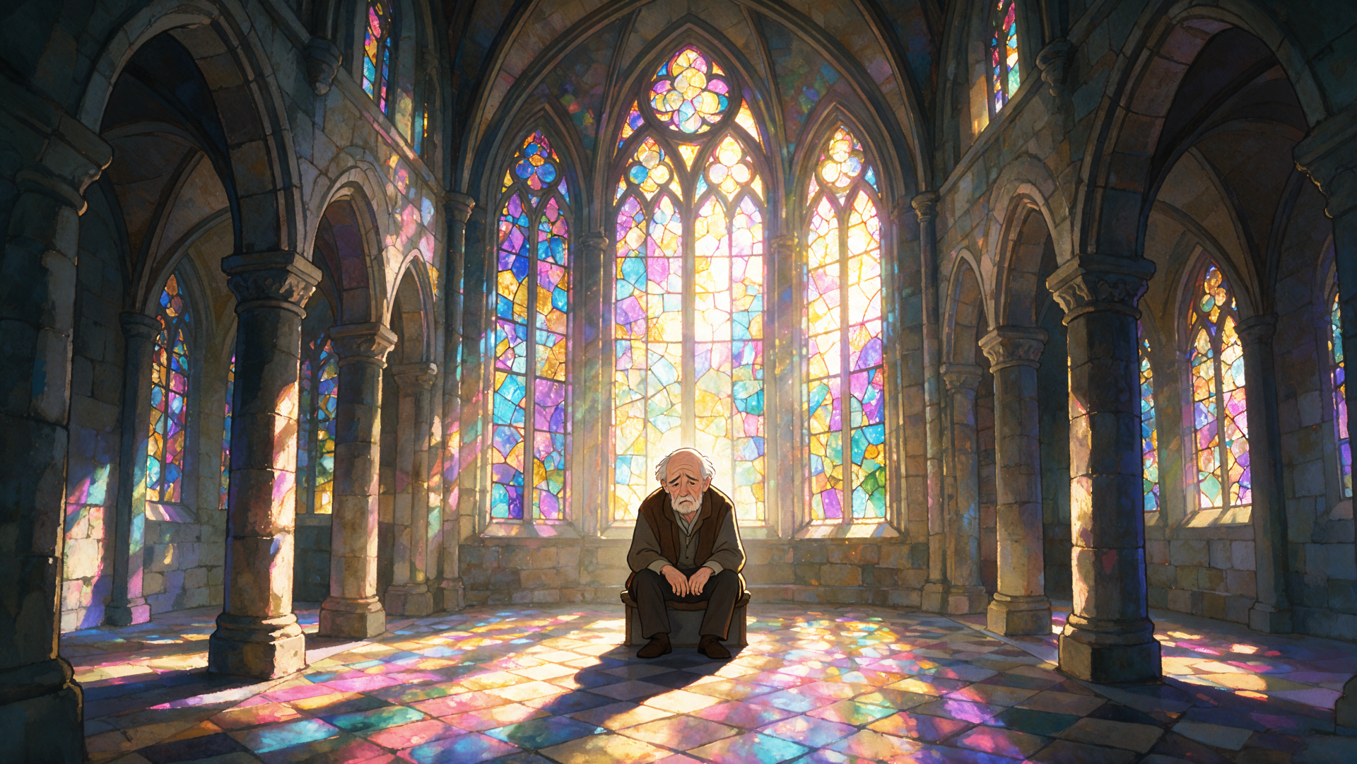 4K Ultra HD desktop wallpaper of a cathedral church interior with luminous stained-glass windows casting colorful light across stone arches and a solitary figure seated on the floor.