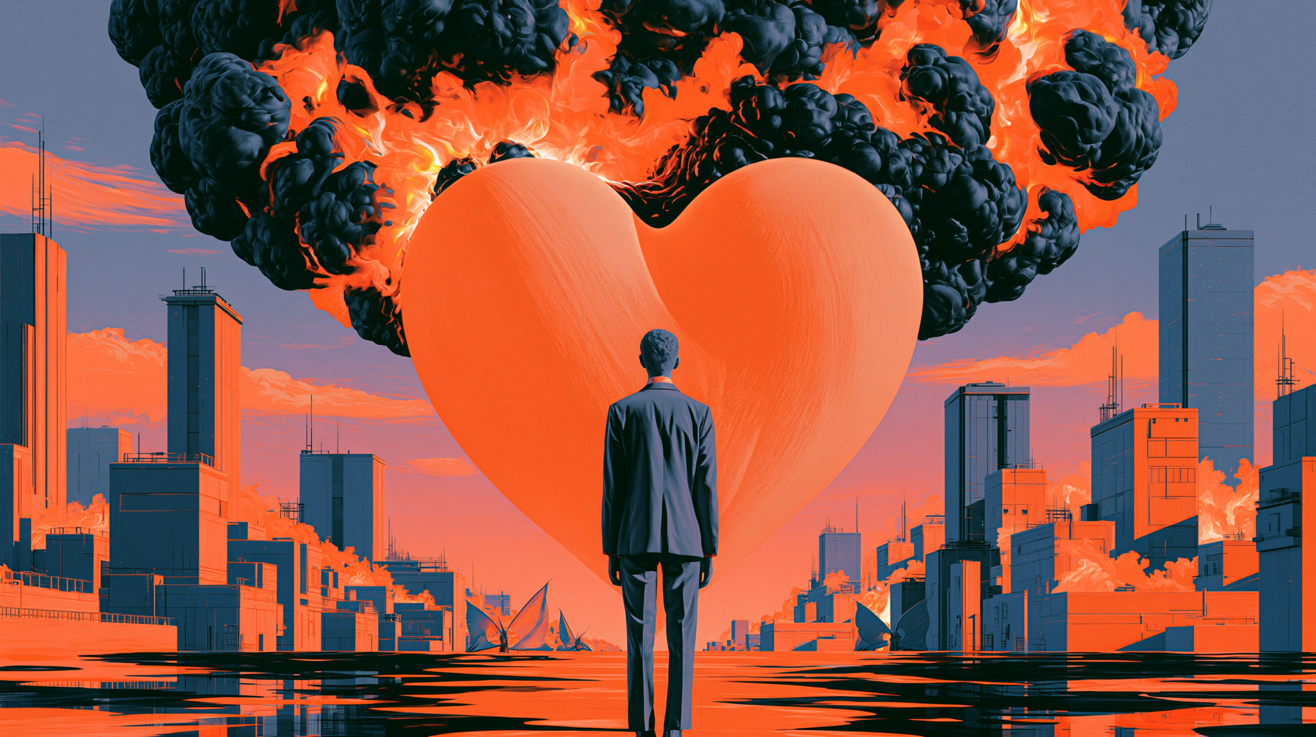 2K Quad HD PC desktop wallpaper and background: lone man in suit faces a giant glowing heart above a city, fiery clouds and reflective streets symbolizing humanity.