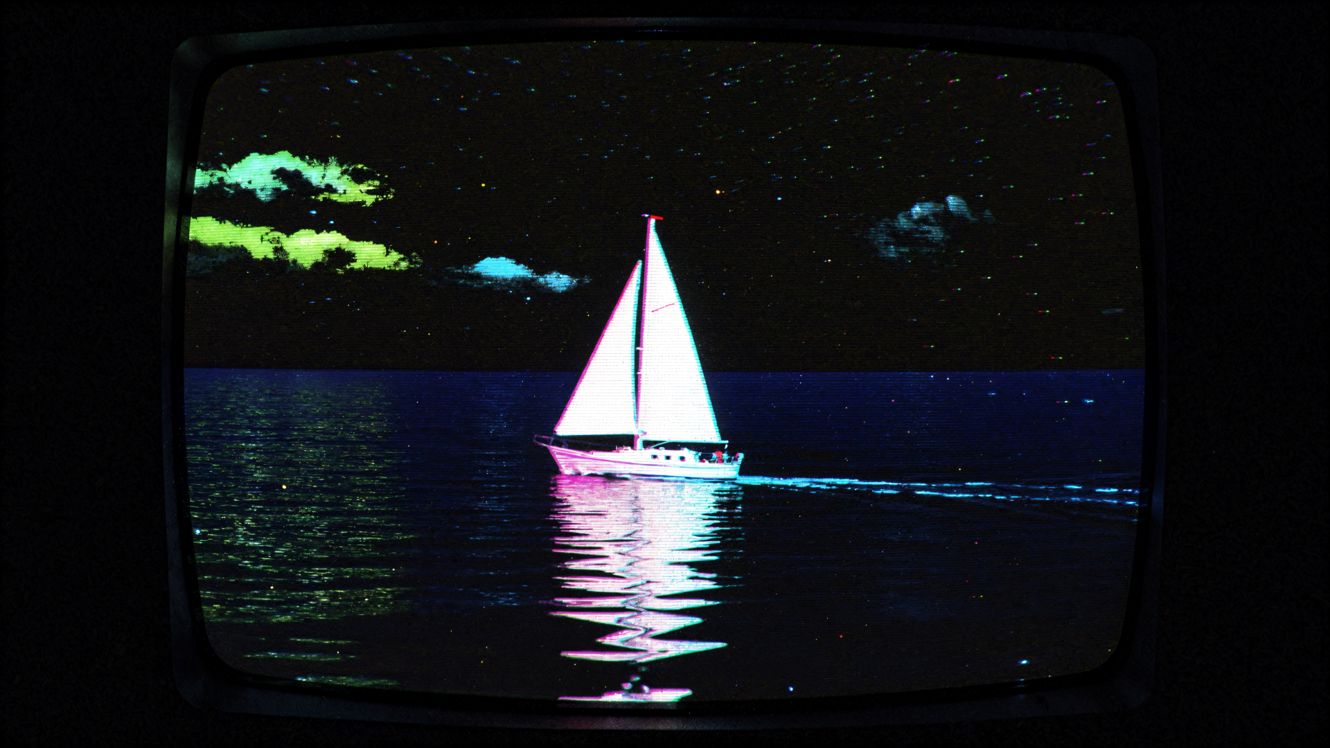 4K Ultra HD PC desktop wallpaper/background: sailing sailboat at night, neon-lit white sails and glowing reflection on calm sea under a starry sky.