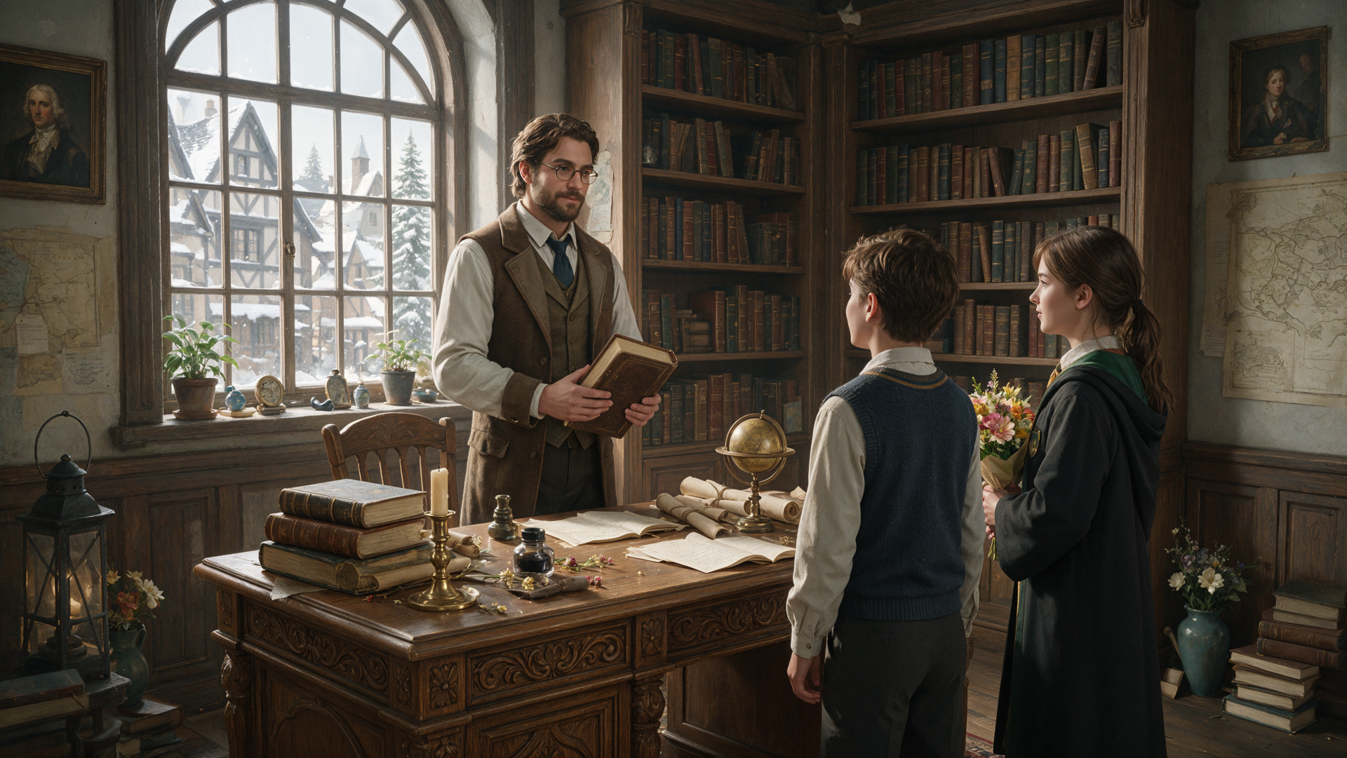 4K Ultra HD PC wallpaper: a teacher in a cozy library holds a book while two students stand at an antique desk — a teacher appreciation scene.