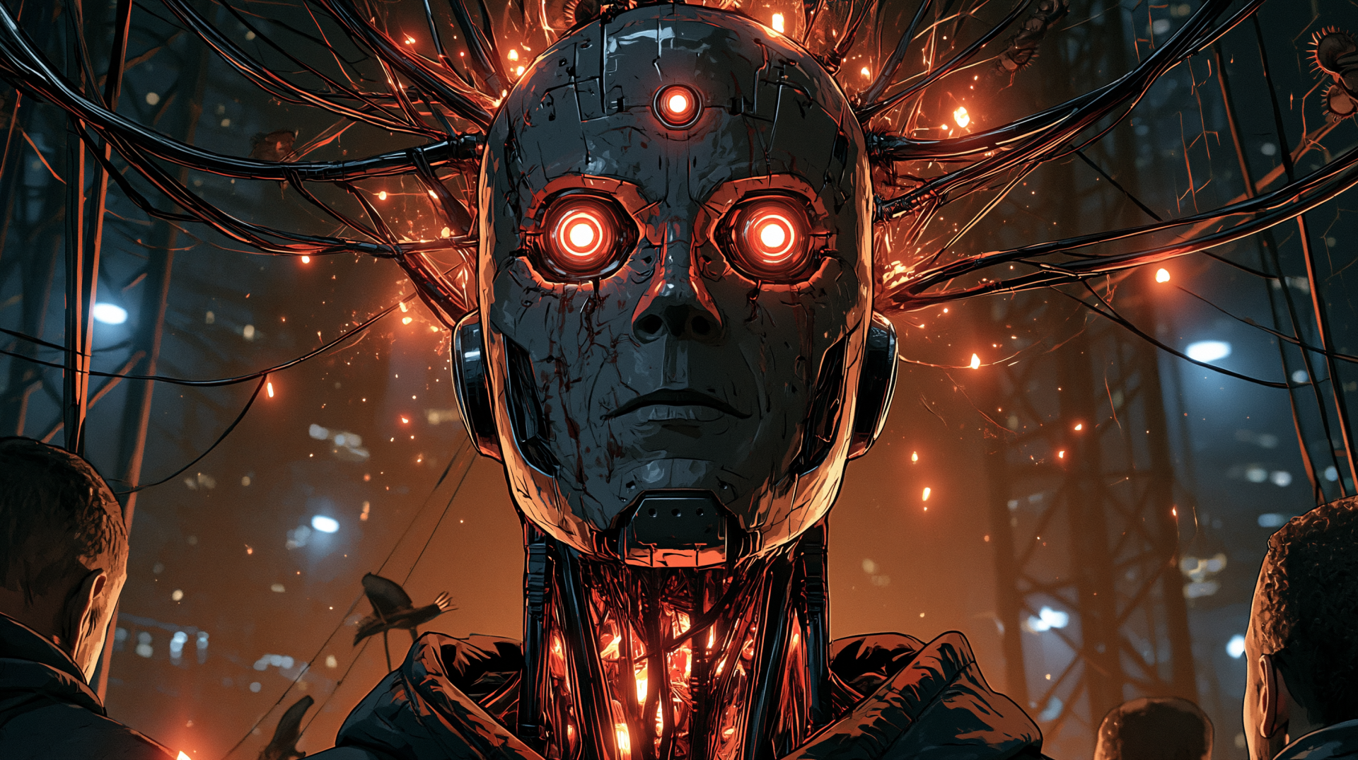Sci-Fi robot Android with glowing red eyes and exposed circuitry, cables trailing into a dark forest — 2K Quad HD PC desktop wallpaper, artificial intelligence theme.