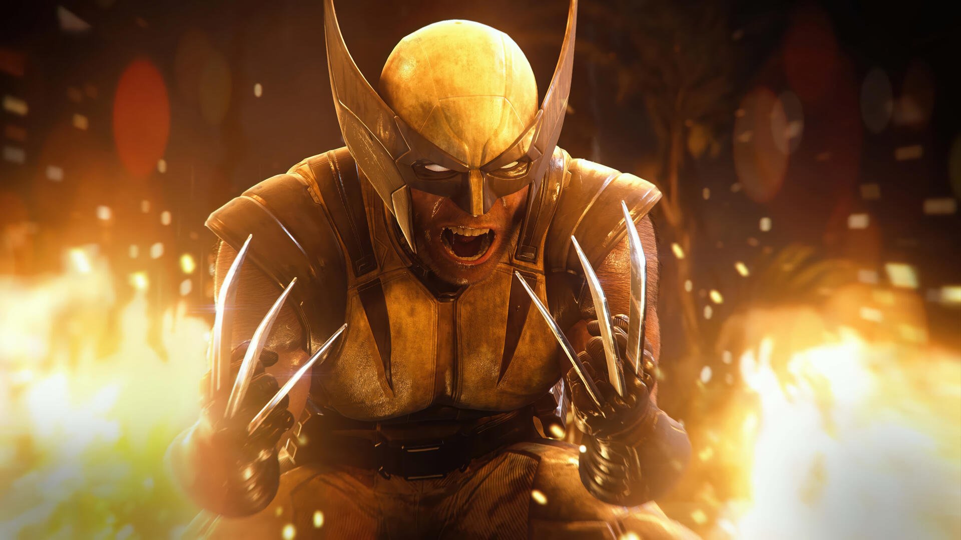 Marvel's Wolverine from X-Men lunges forward, claws extended and roaring amid blazing embers — 4K Ultra HD PC desktop wallpaper.