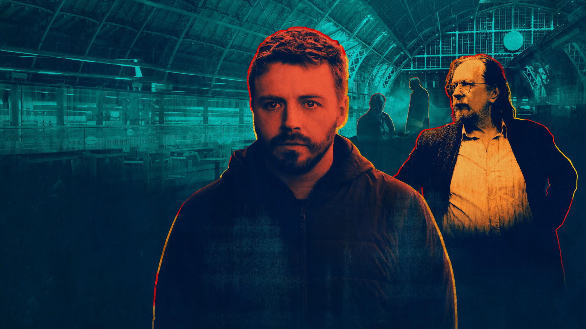 Slow Horses 4K Ultra HD PC desktop wallpaper and background: moody teal-orange composite of two brooding agents in a tunnel, one centered and one silhouetted behind.