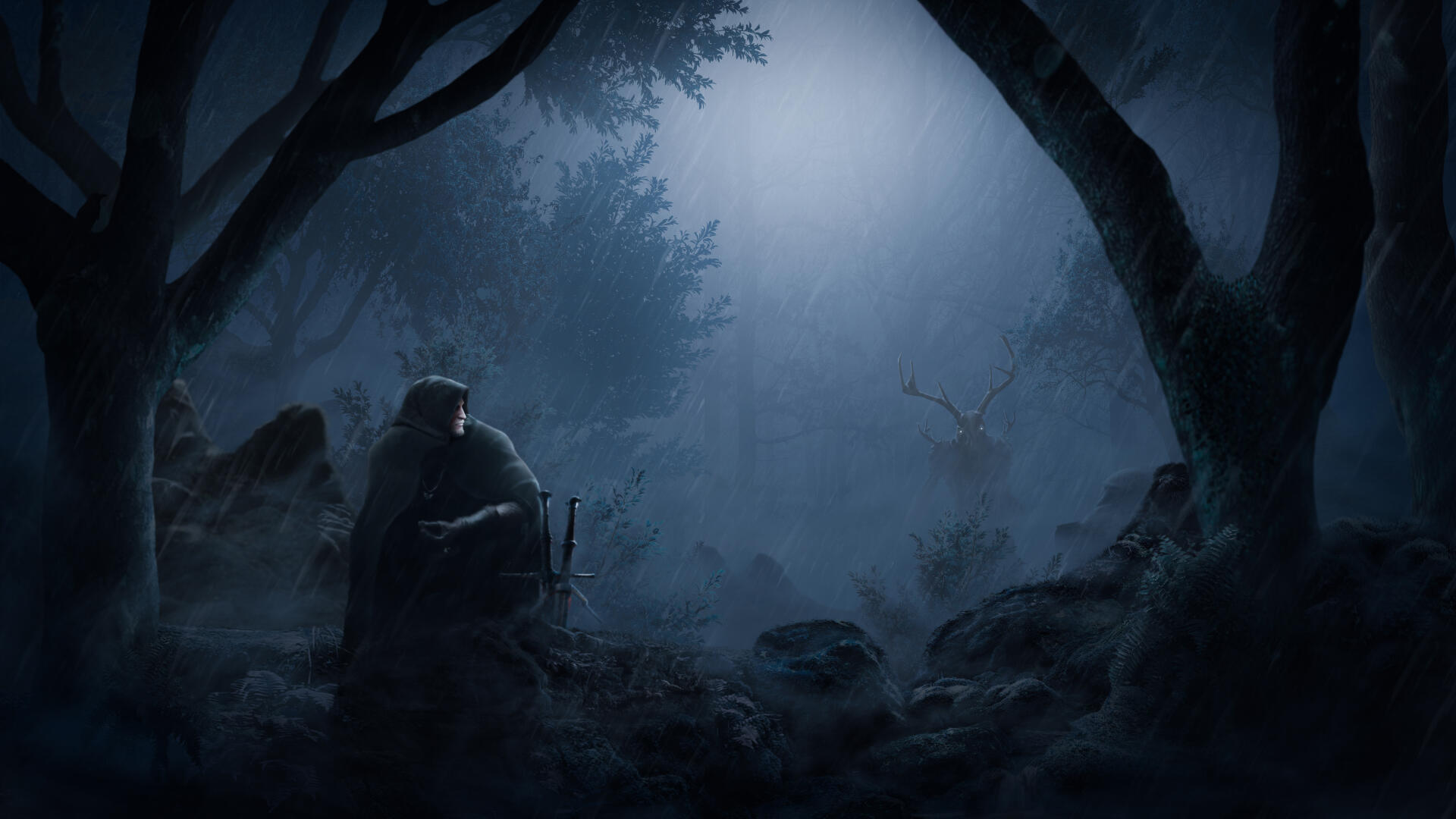 The Witcher 4K Ultra HD PC desktop wallpaper: a moonlit, mist-shrouded forest where a cloaked witcher sits by a sword beneath gnarled trees.