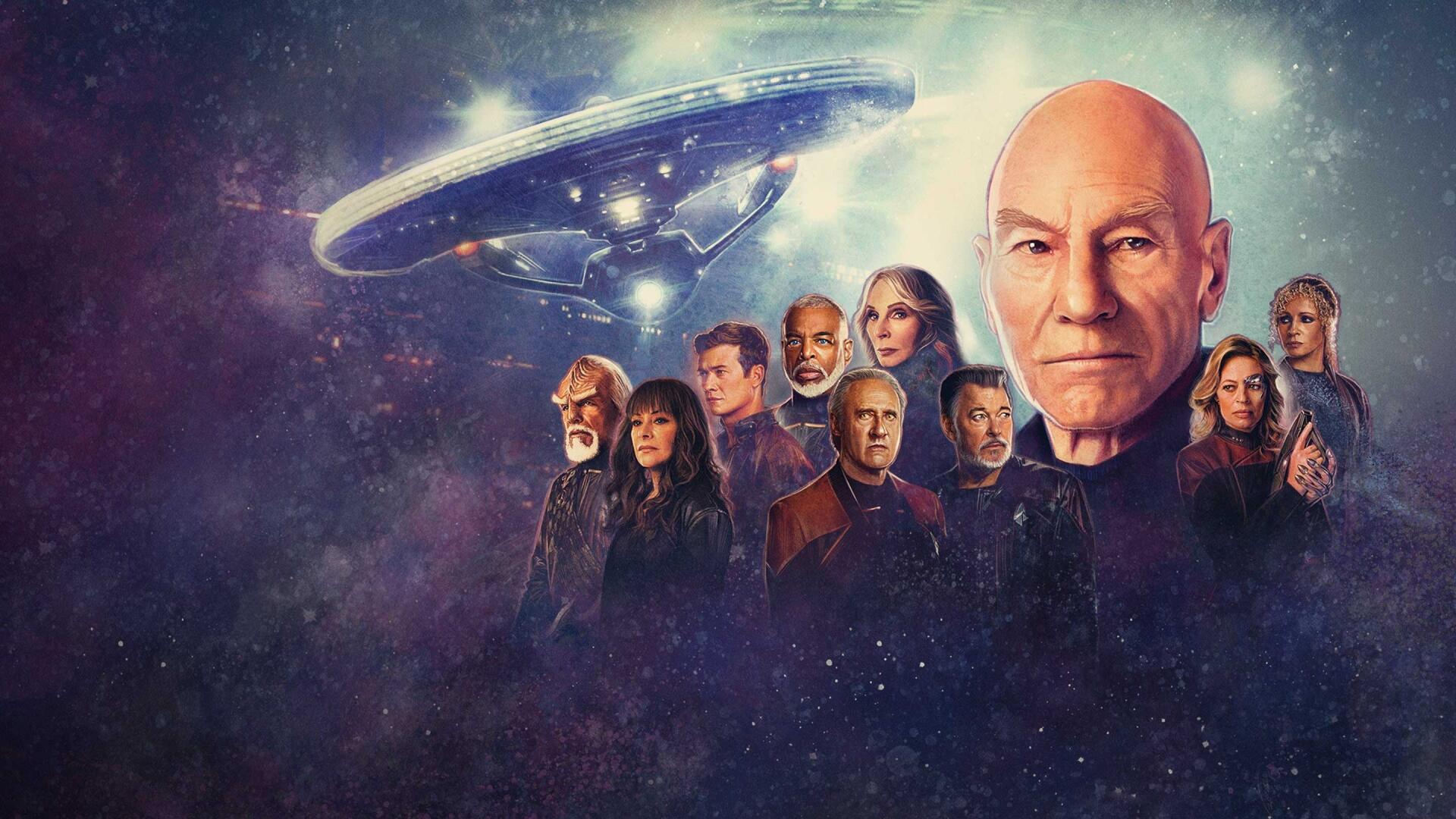 Star Trek: Picard 2K Quad HD PC desktop wallpaper — the Enterprise above a starry nebula, a prominent Picard portrait and the main crew lined up beneath.