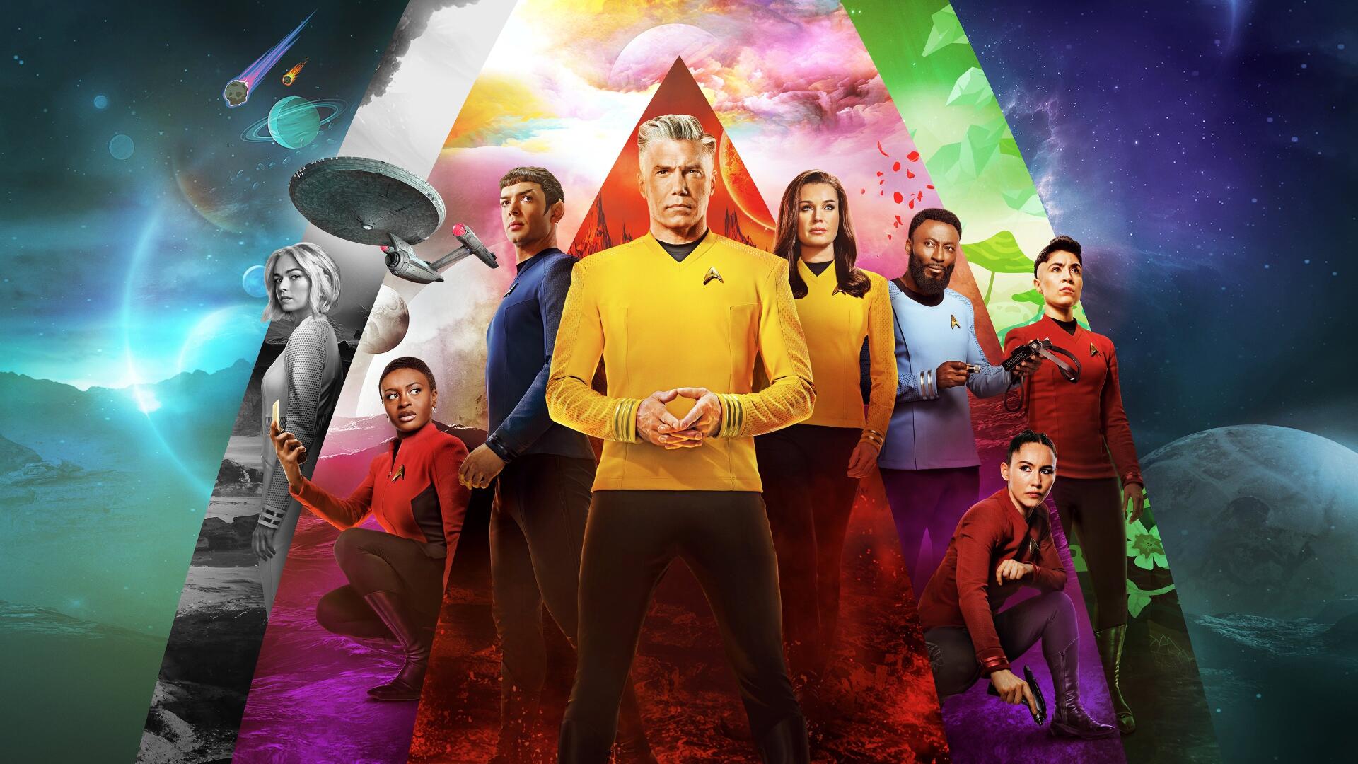 Star Trek: Strange New Worlds 4K Ultra HD PC desktop wallpaper — Captain Pike and the Enterprise crew posed against a vivid triangular cosmic background