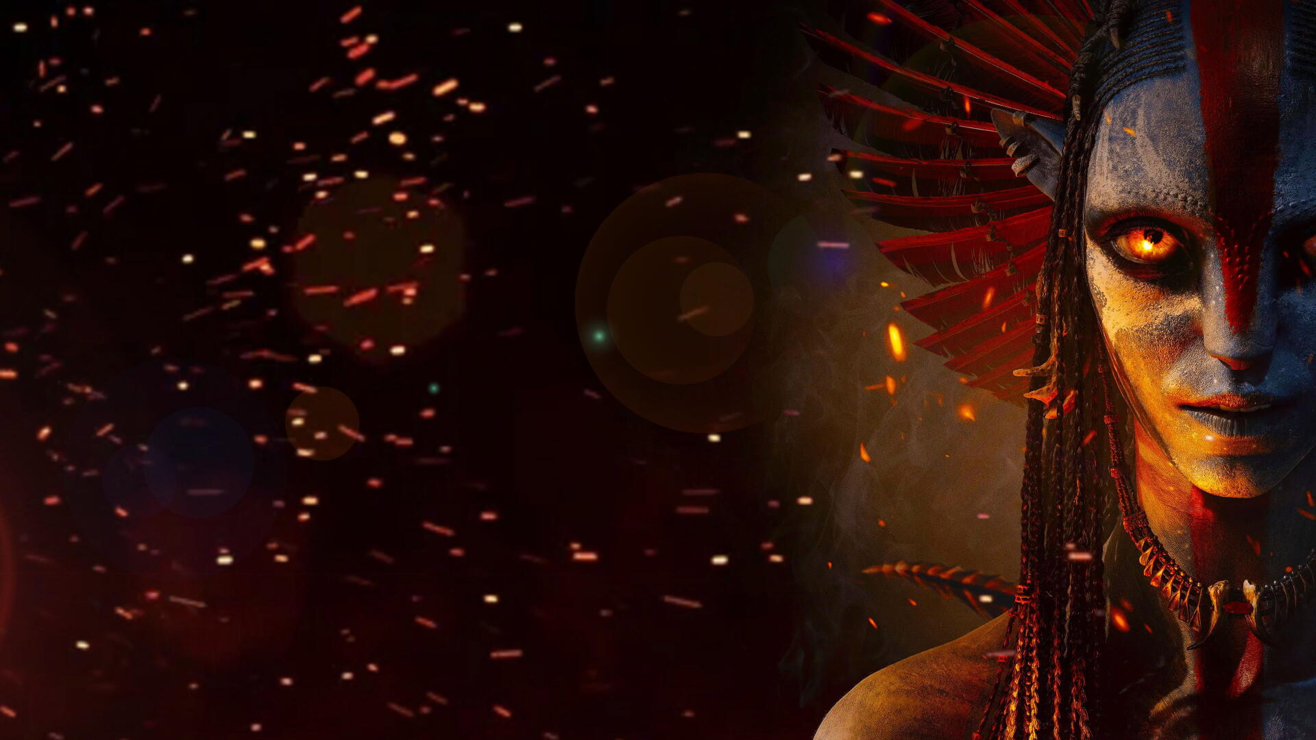 Fiery Avatar: Fire and Ash character close-up with glowing orange eyes and drifting embers on a dark 4K Ultra HD PC desktop wallpaper background.