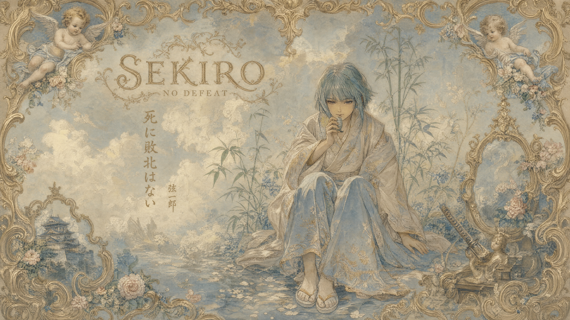 Ornate pastel Sekiro: No Defeat artwork of a seated warrior in kimono among flowers — Sekiro: Shadows Die Twice video game 4K Ultra HD PC desktop wallpaper/background.