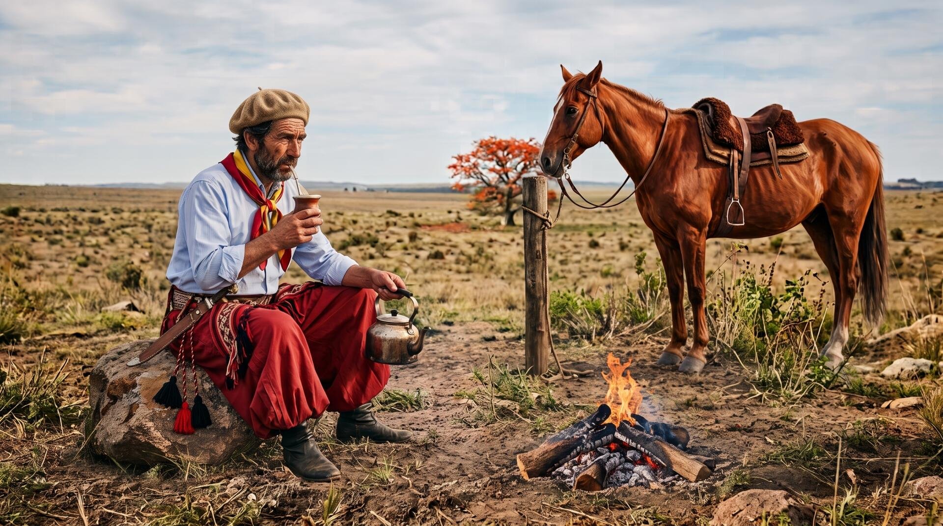 2K Quad HD PC desktop wallpaper: cowboy drinking mate by a campfire, caballo tethered nearby on drought-scarred plains.