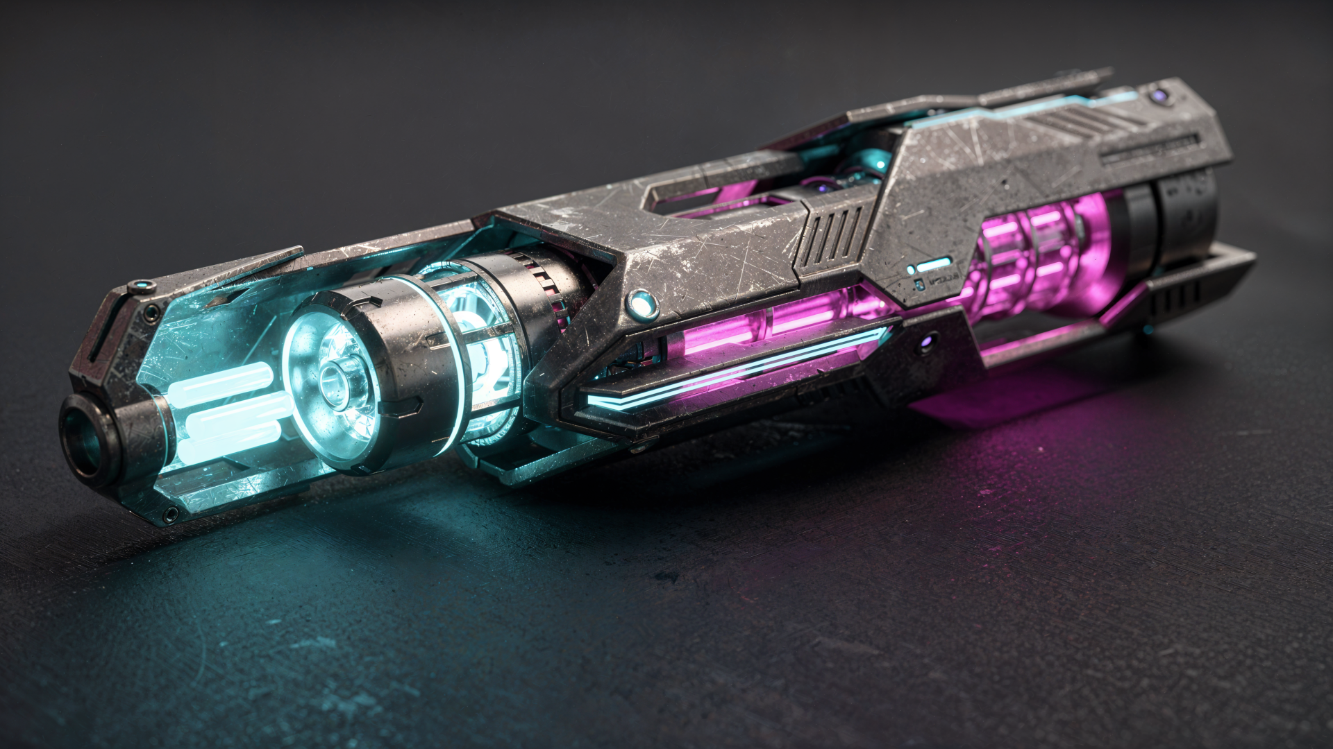 4K Ultra HD PC desktop wallpaper of a sleek futuristic blaster gun with glowing teal and magenta energy cores, metallic chassis and sci‑fi detailing.