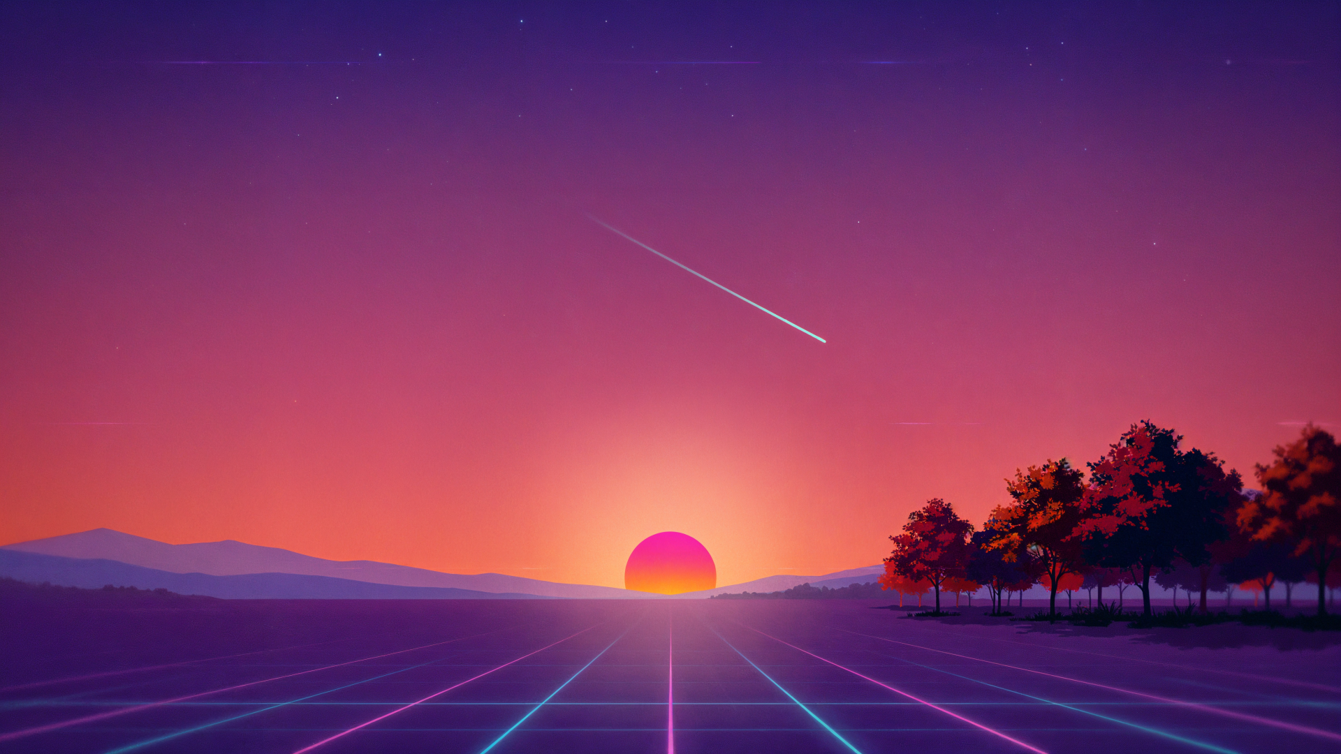 4K Ultra HD PC desktop wallpaper: stylized fall sunset landscape with a glowing sun setting over a grid road, leading toward silhouetted trees on the right.