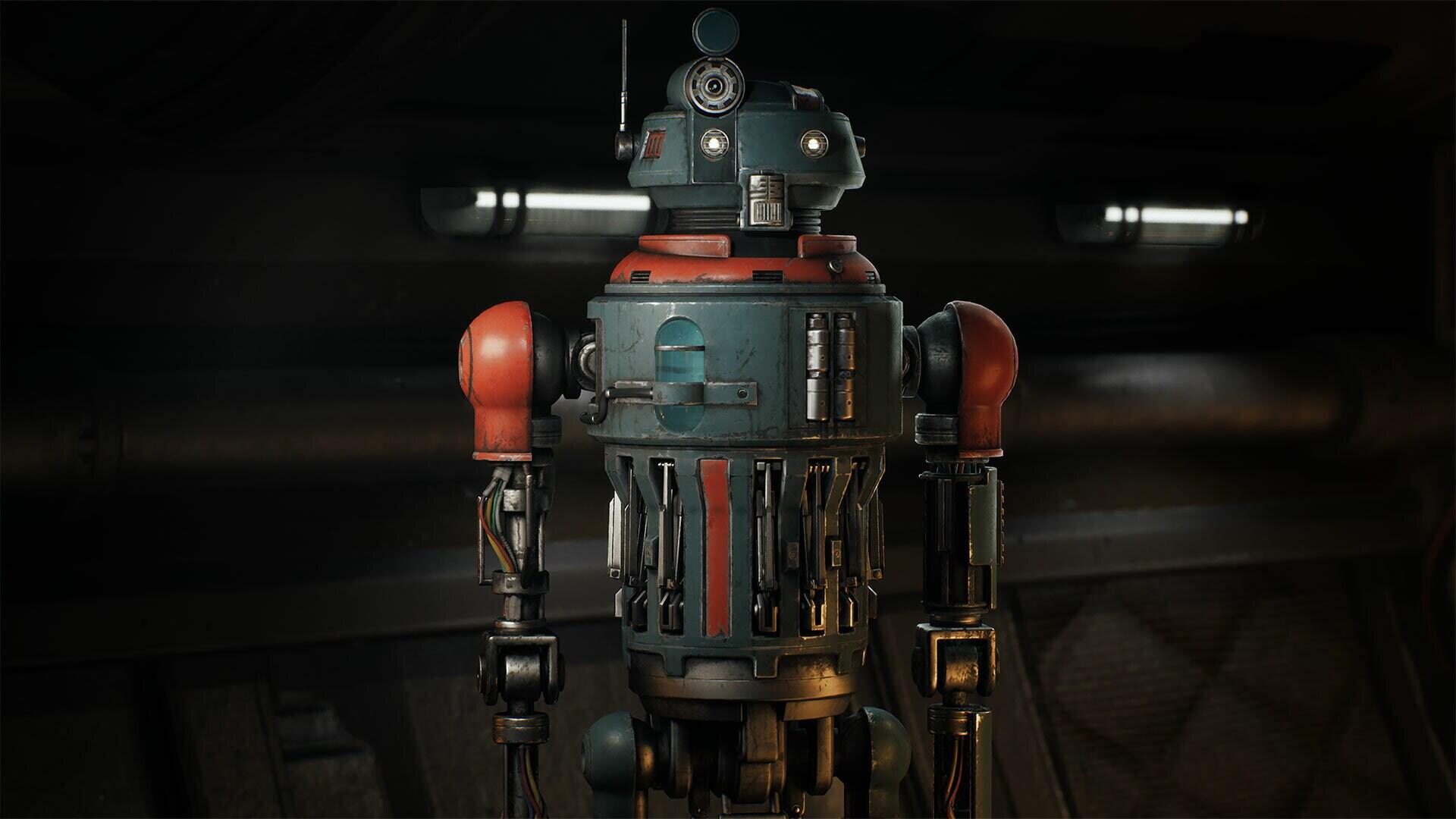 HD PC desktop wallpaper of M-3VO droid from Star Wars: Zero Company — weathered green-and-red astromech standing in a dim hangar with cinematic lighting, video game artwork.