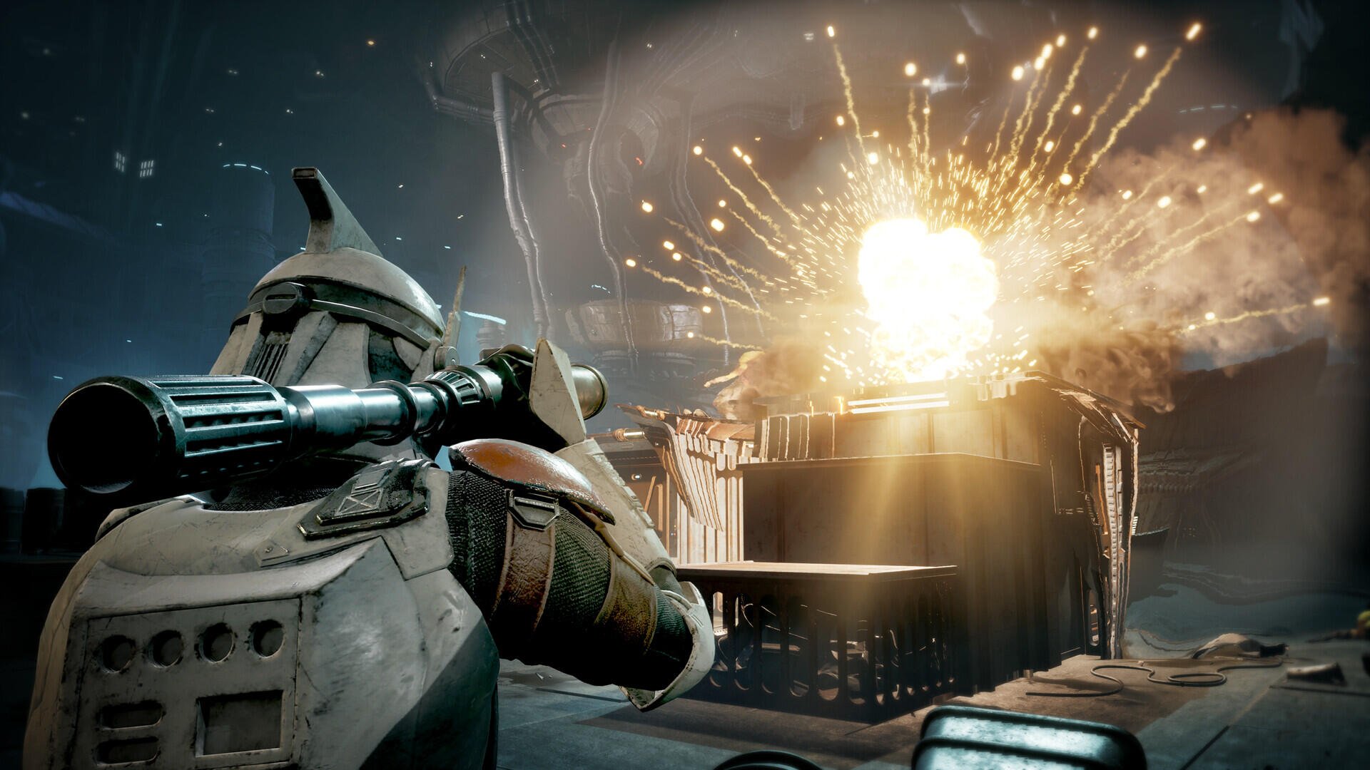 Video game HD PC desktop wallpaper from Star Wars: Zero Company — a Star Wars soldier fires a rocket as an explosion engulfs a nearby structure.