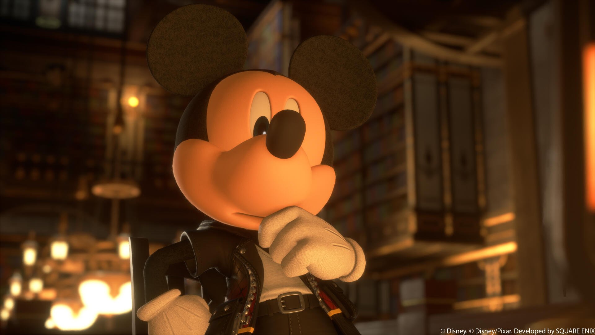 Mickey Mouse as he appears in Kingdom Hearts IV — cinematic 4K Ultra HD PC desktop wallpaper, brooding in a dim, steampunk-lit library setting.