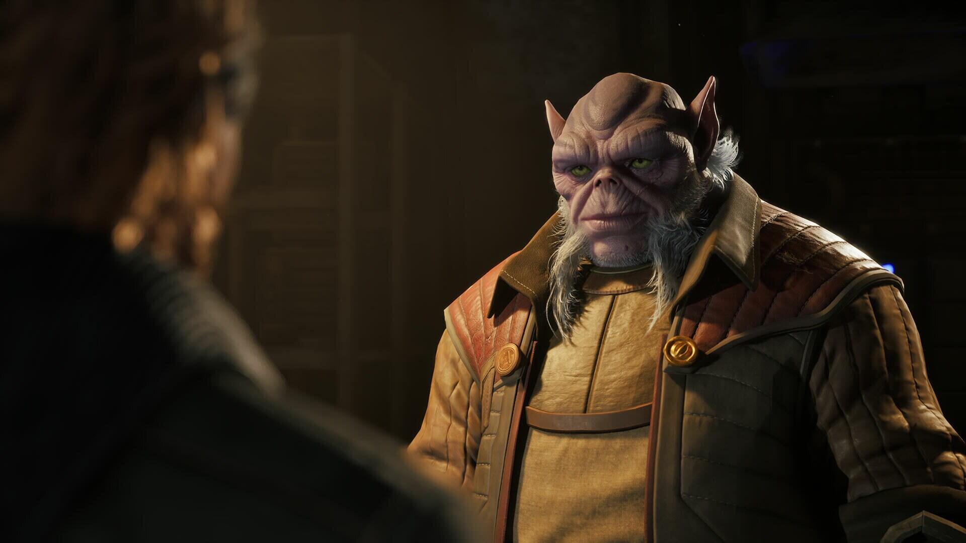 HD PC desktop wallpaper of Neesh Renark, an alien from the Star Wars: Zero Company video game — a stern, wrinkled humanoid in a leather jacket facing another figure in a dim sci‑fi setting.