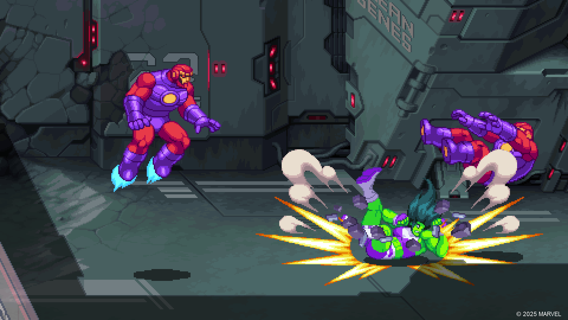 HD PC wallpaper: MARVEL Cosmic Invasion pixel-art fighting game — She-Hulk spin-kicking two purple armored foes across a gritty sci-fi arena.
