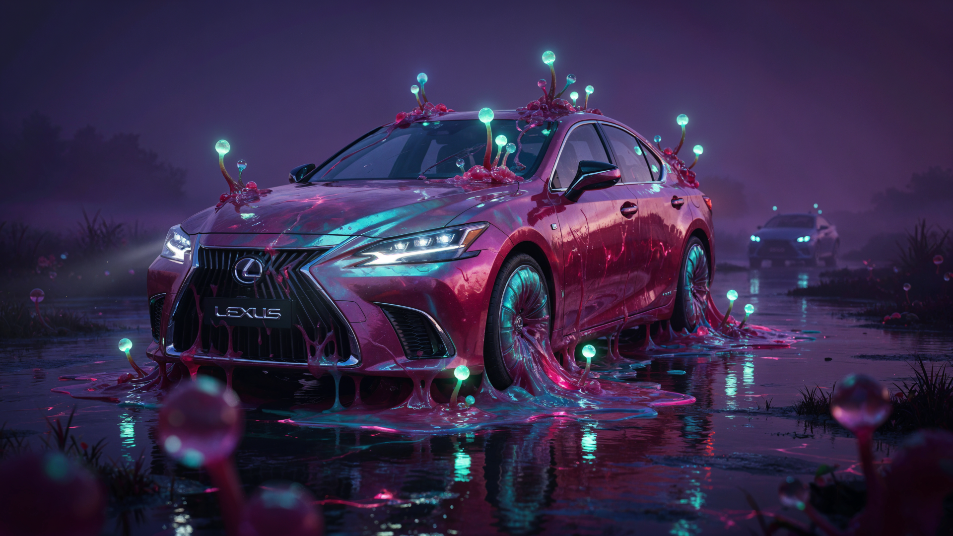 4K Ultra HD PC desktop wallpaper of a Lexus luxury car sedan in a neon-lit, futuristic puddle with glowing bioluminescent accents.