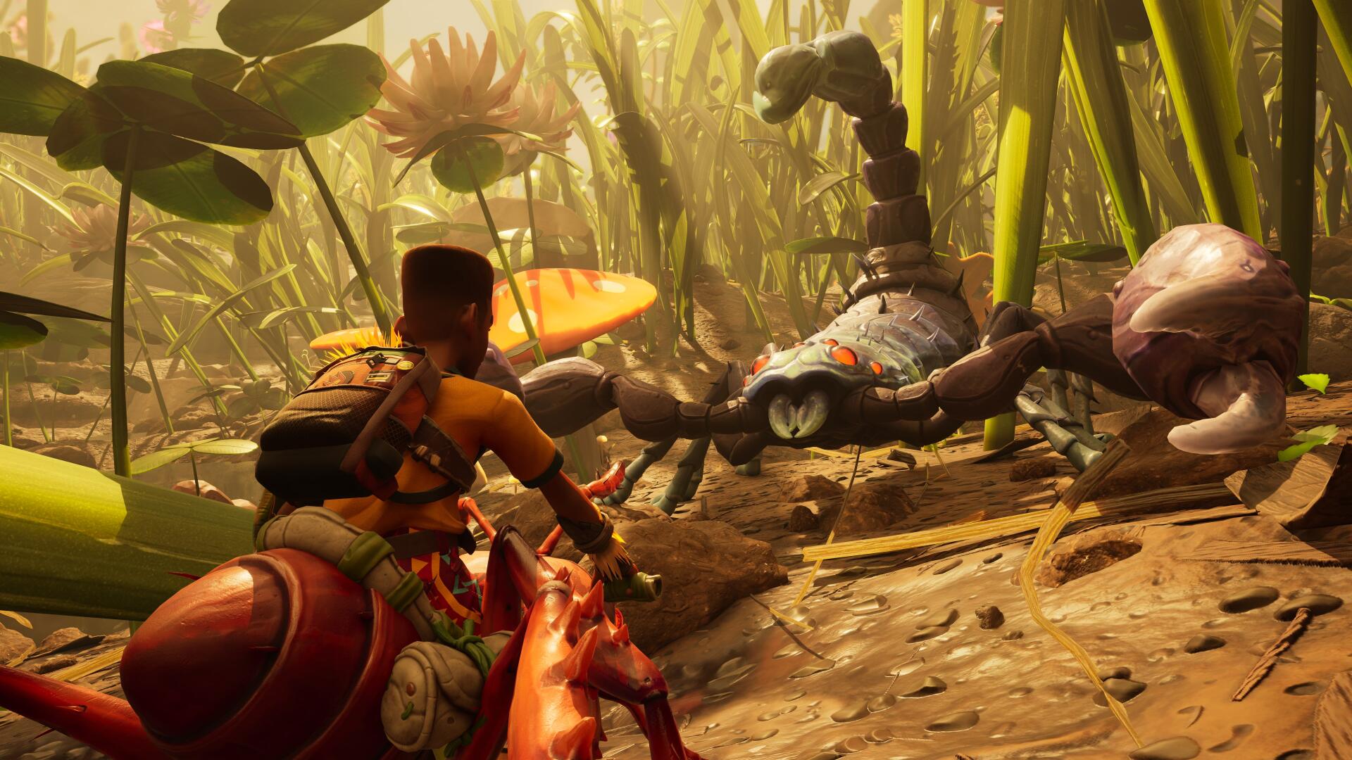 Grounded 2 video game 4K Ultra HD PC desktop wallpaper: an armored tiny survivor confronts a giant spider amid towering grass and sunlit backyard debris.