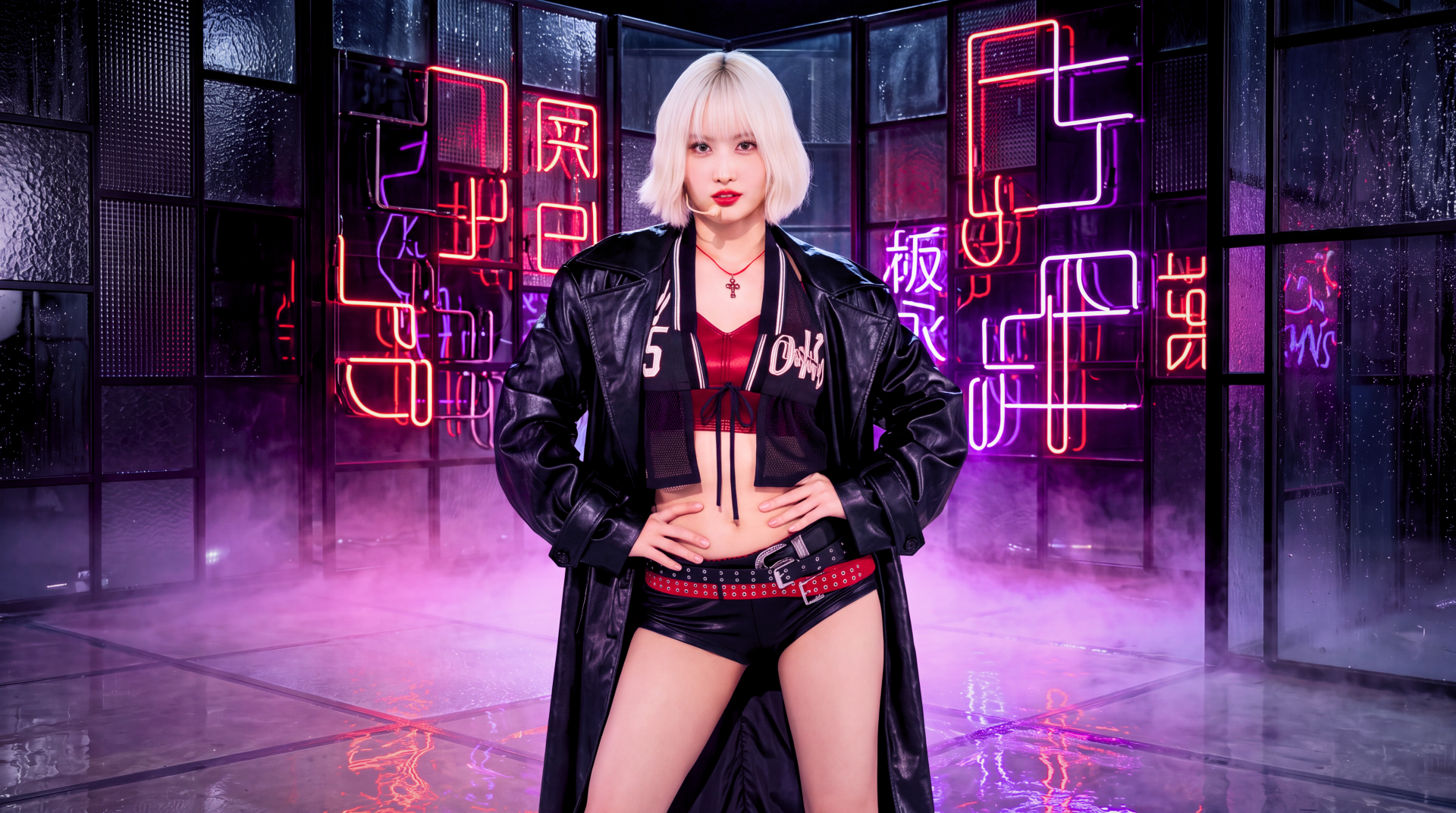 5K Ultra HD desktop wallpaper of a blonde woman in k-pop style: long black coat, red crop top and shorts, posing amid neon pink-purple lights.
