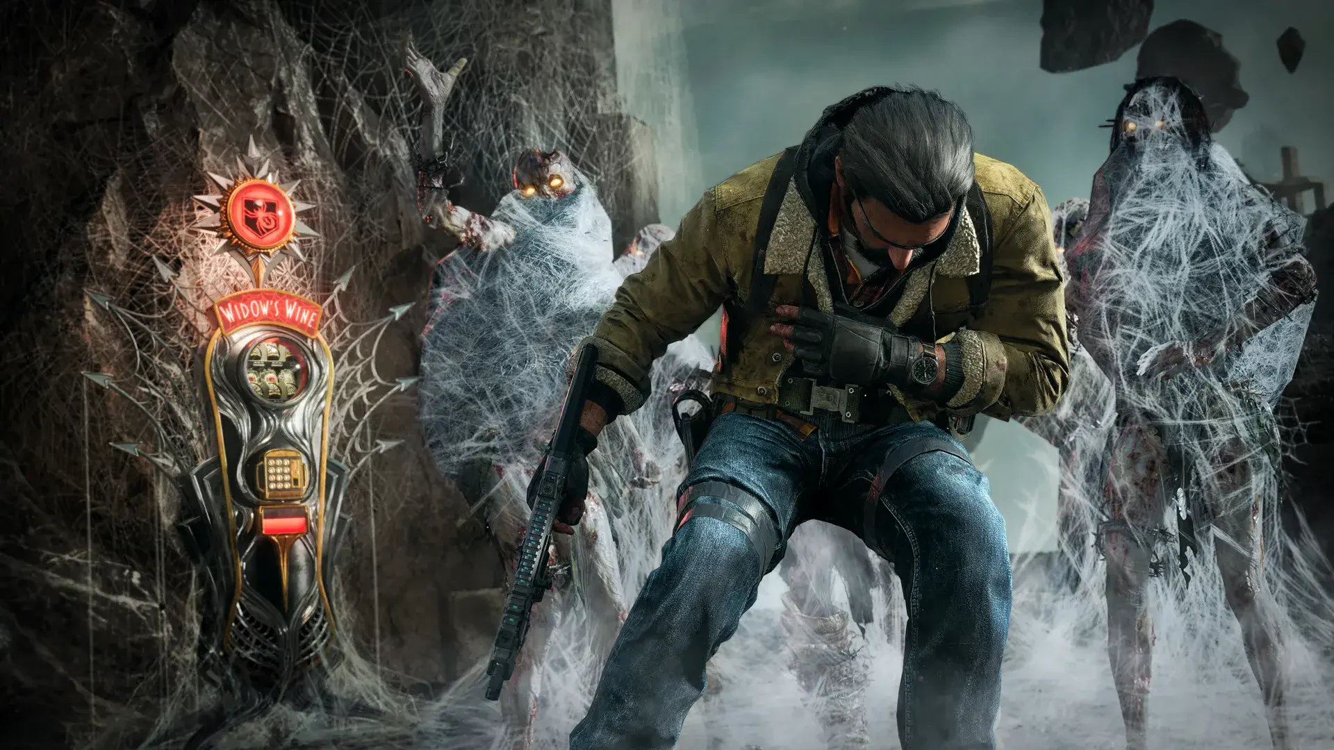 HD PC desktop wallpaper for the video game Call of Duty: Black Ops 7: a soldier, an armed man in tactical gear advancing through icy, ghostly ruins beside an eerie totem.