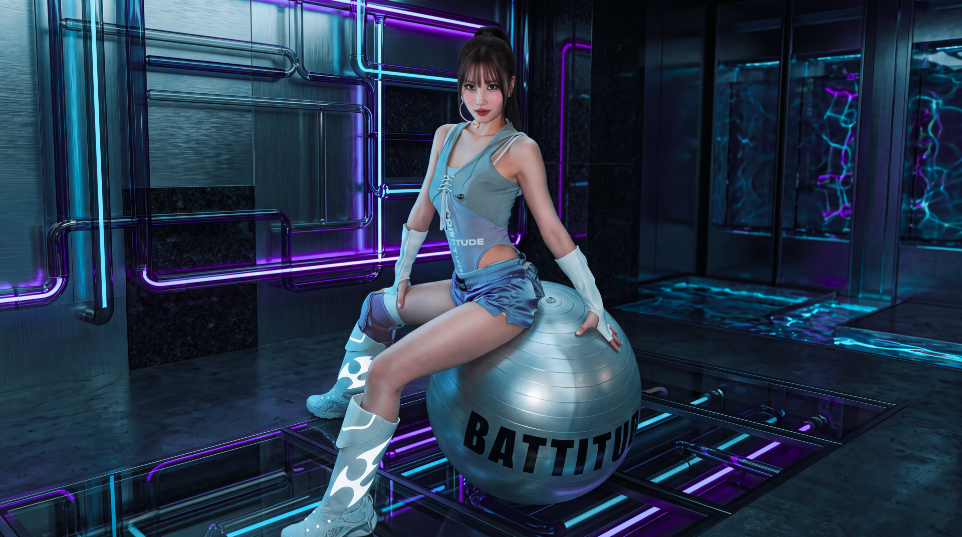 5K Ultra HD wallpaper: Japanese k-pop idol–style model in denim sits on a metallic ball in a neon industrial set. Image tagged TWICE / MiSaMo / Momo (Singer); identity not confirmed.