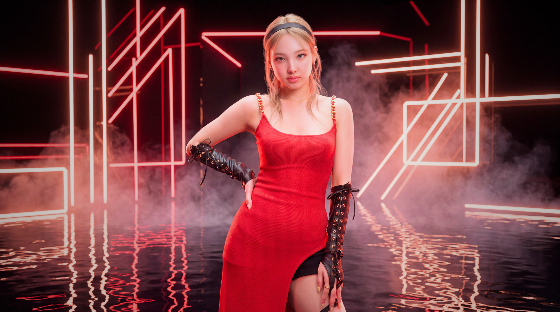 K-pop idol singer and Korean model in a red gown with long gloves, posing amid neon geometric lights reflected on water — 5K Ultra HD PC desktop wallpaper.