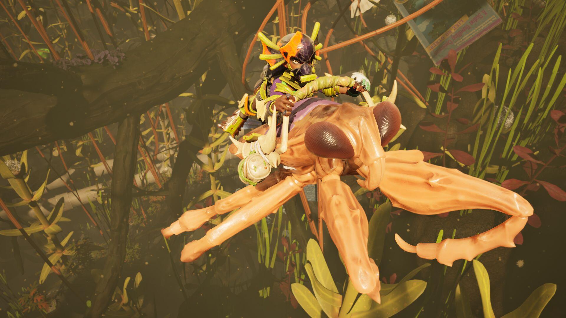 Grounded 2 video game HD PC desktop wallpaper: tiny survivor riding a giant bee-like insect over flowers in a sunlit backyard wilderness.