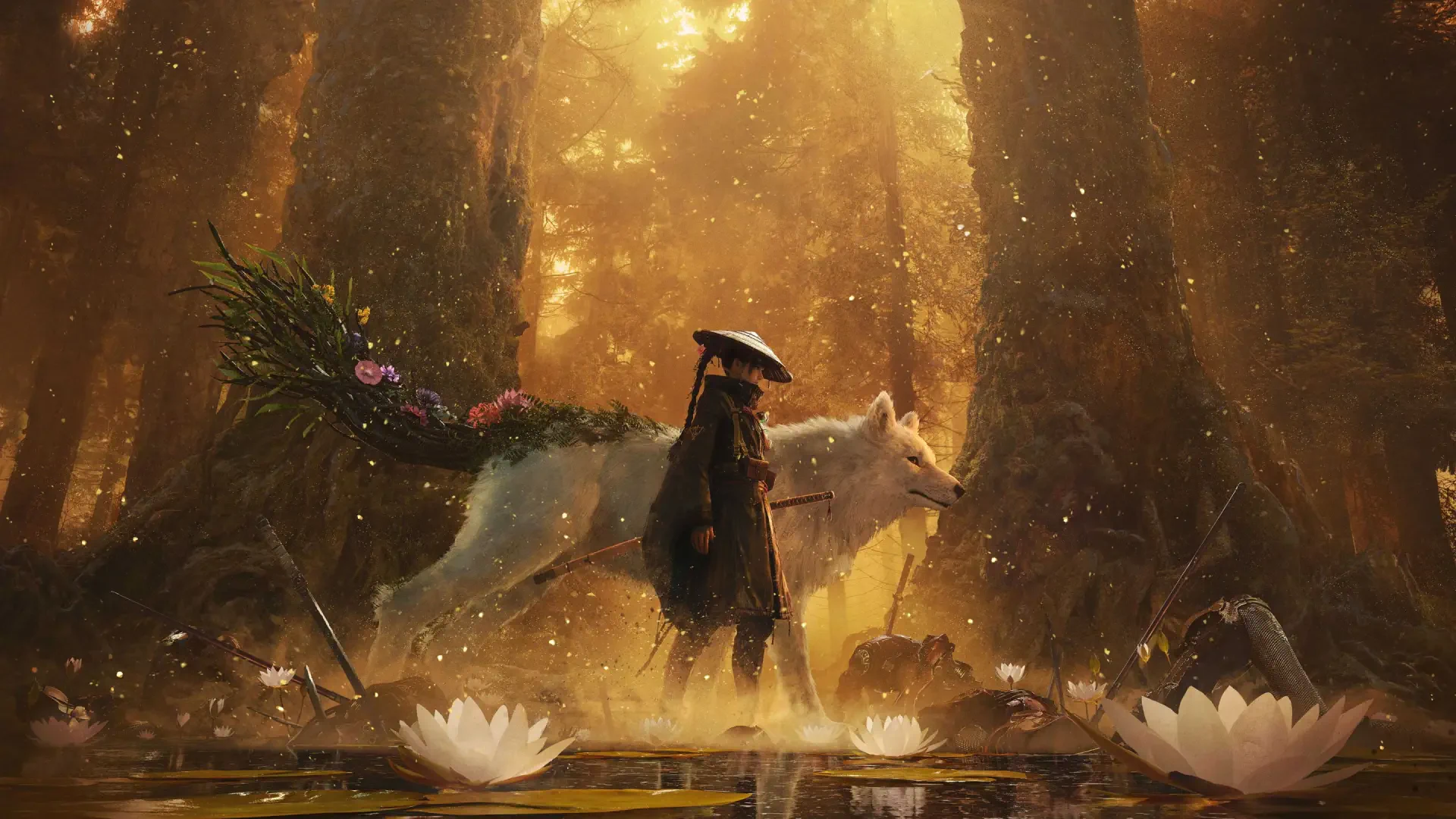 2K Quad HD PC desktop wallpaper: cloaked rider beside a glowing white Beast of Reincarnation horse in a golden, lotus-strewn forest, atmospheric video game background.