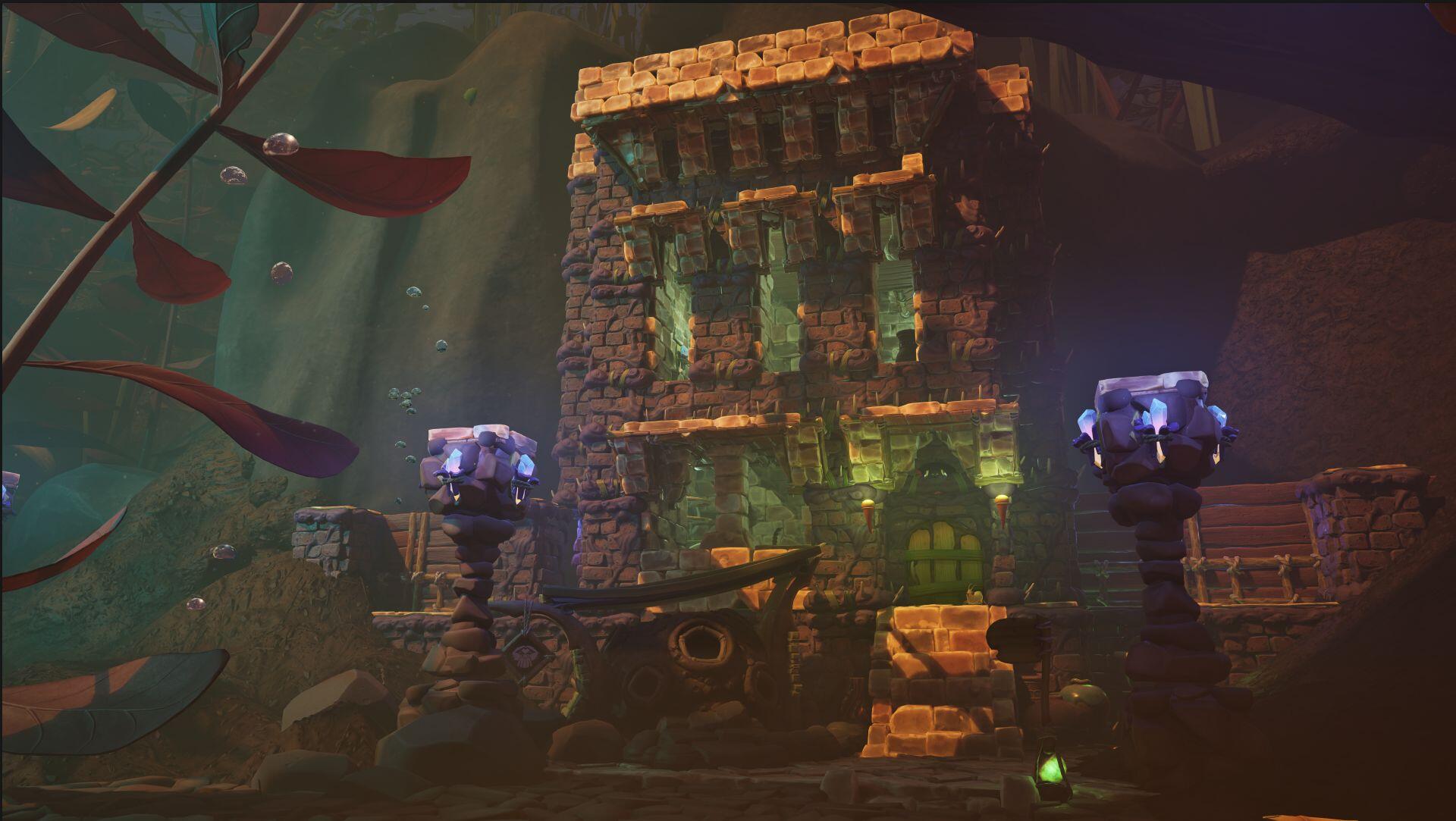 HD PC desktop wallpaper and background for the video game Grounded 2: ancient ruined temple—overgrown stone steps, glowing torches and mossy architecture in a shadowy, atmospheric ruin.