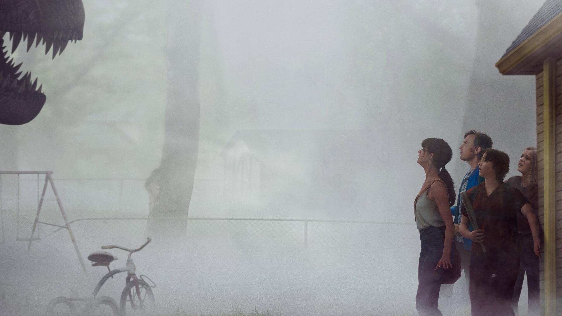 The End of Oak Street — 4K Ultra HD PC Desktop Wallpaper and Background: a group peers into a fog-filled, surreal street with a looming tree silhouette and a twisted plant in the foreground.
