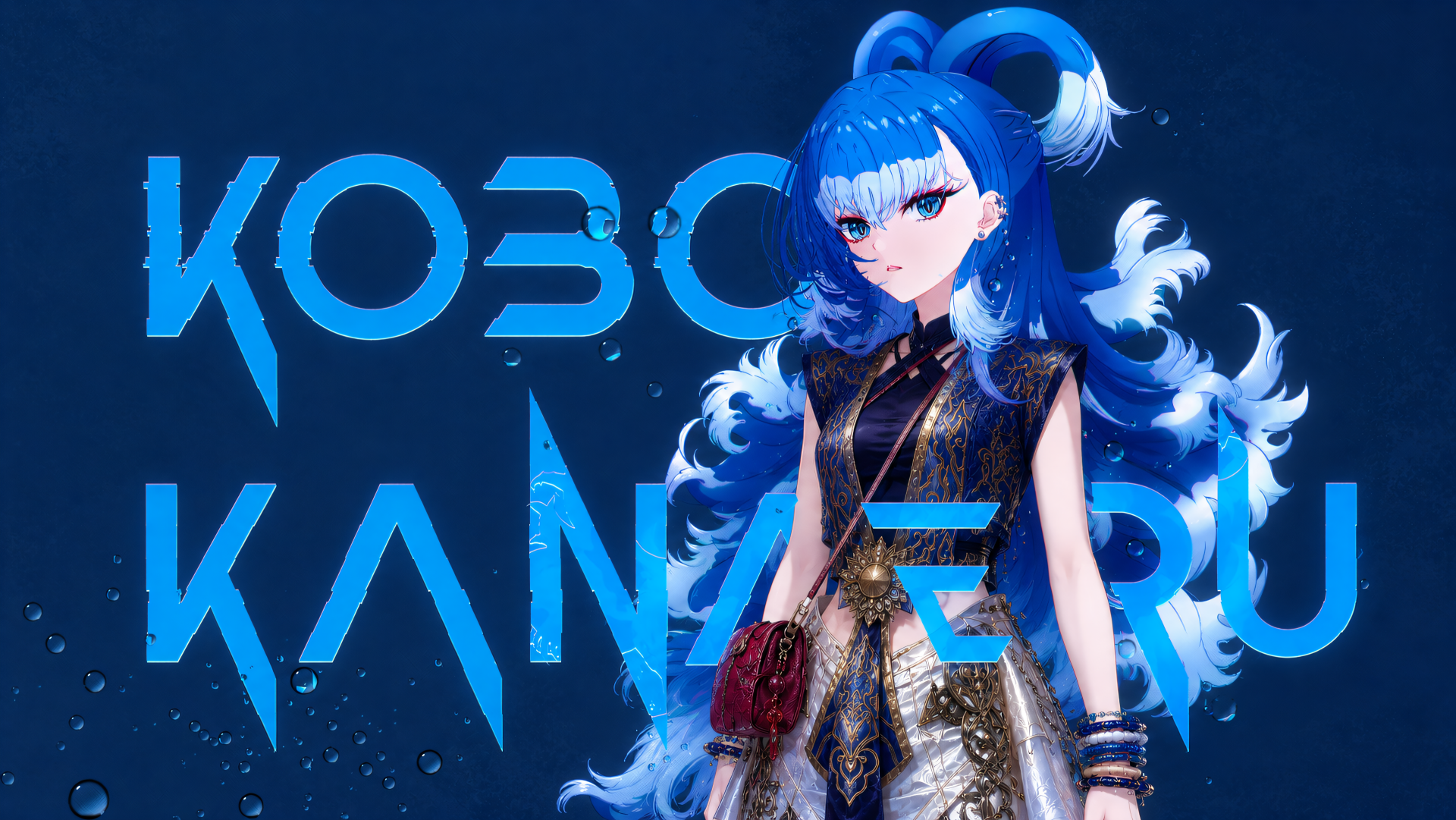 4K Ultra HD anime desktop wallpaper of hololive Virtual YouTuber Kobo Kanaeru — blue-haired girl in ornate outfit with bold KOBO KANAERU logo.
